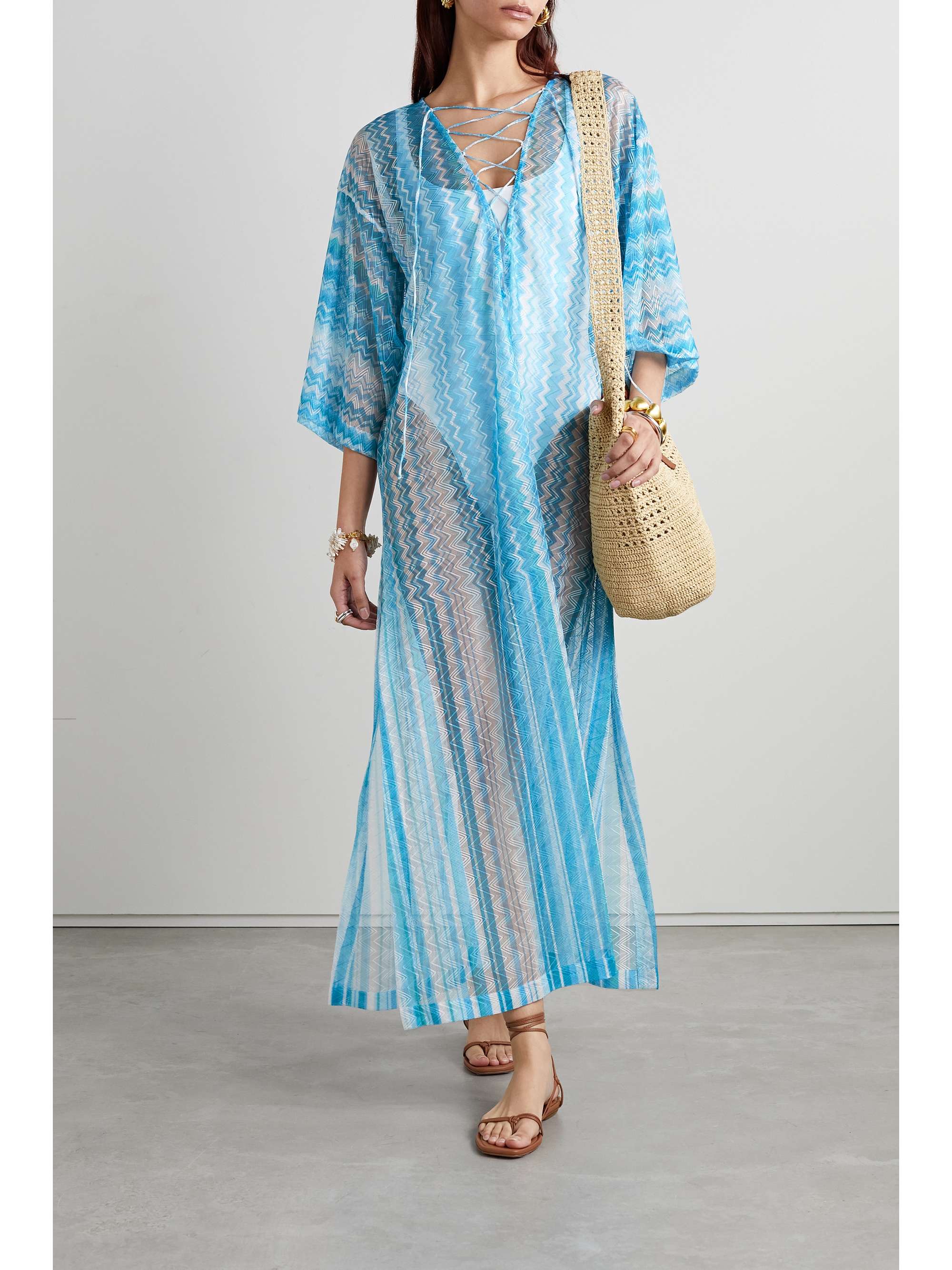 MISSONI Lace-up striped crochet-knit coverup