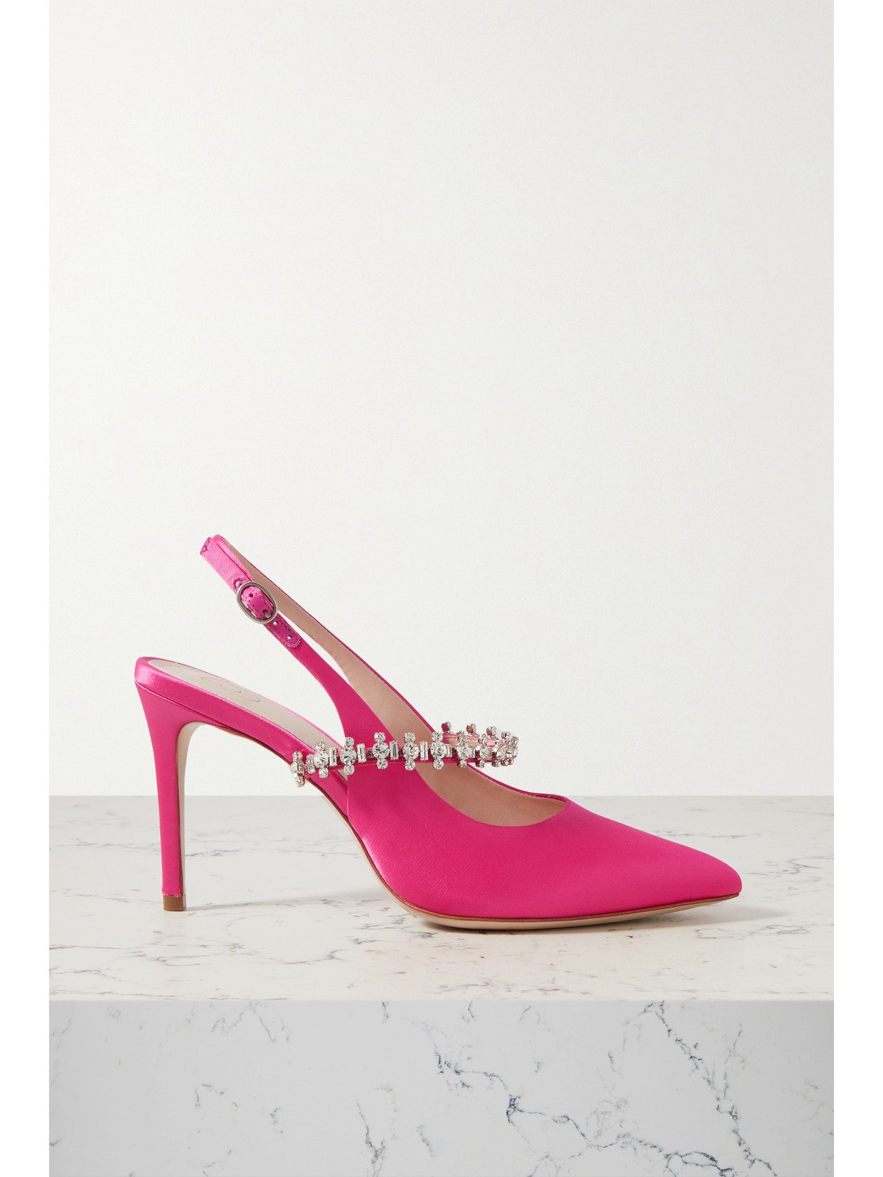 Porte & Paire - Crystal-embellished Satin-twill Slingback Pumps - Pink