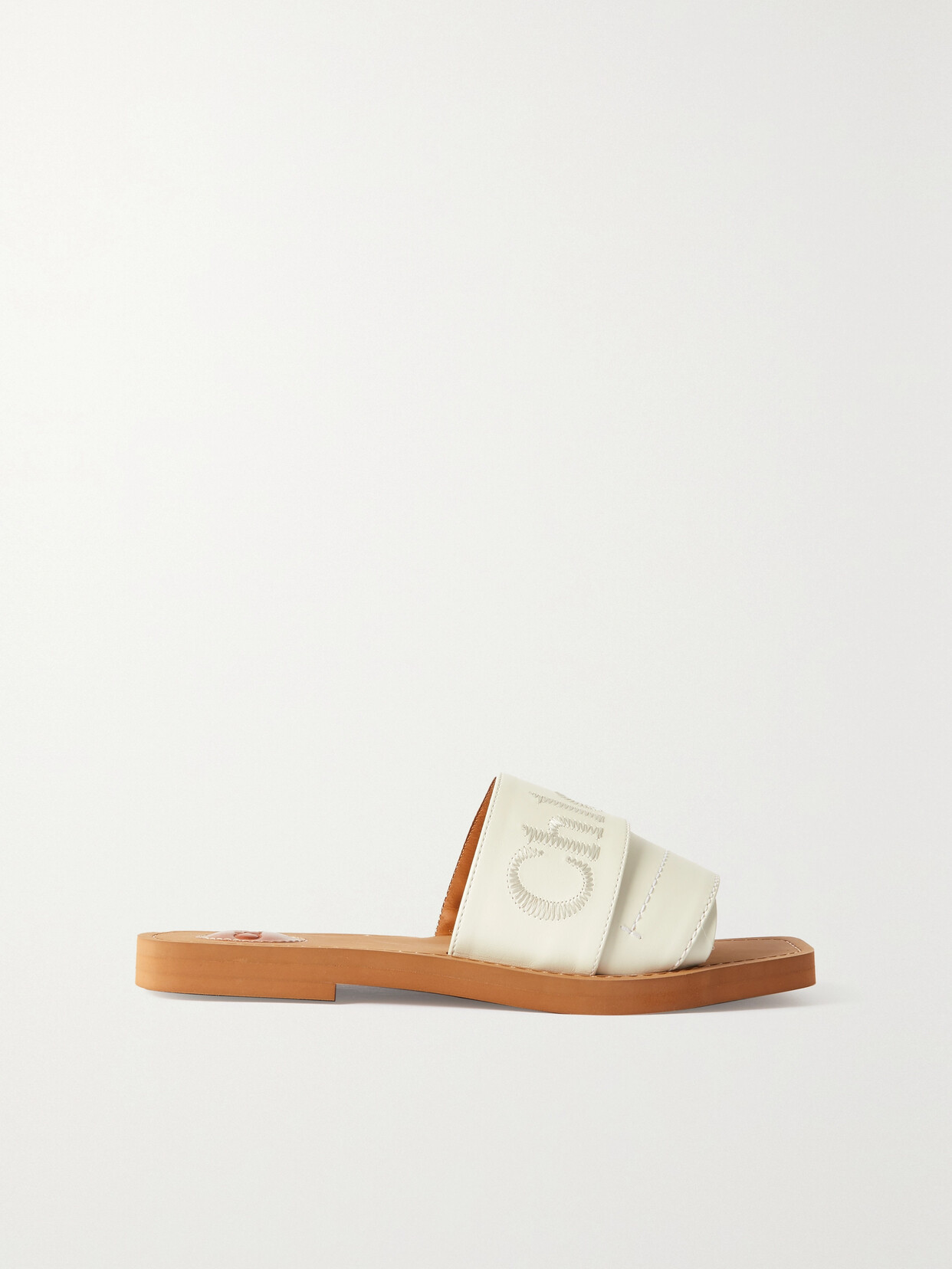 CHLOÉ + NET SUSTAIN WOODY LOGO-EMBROIDERED LEATHER SLIDES