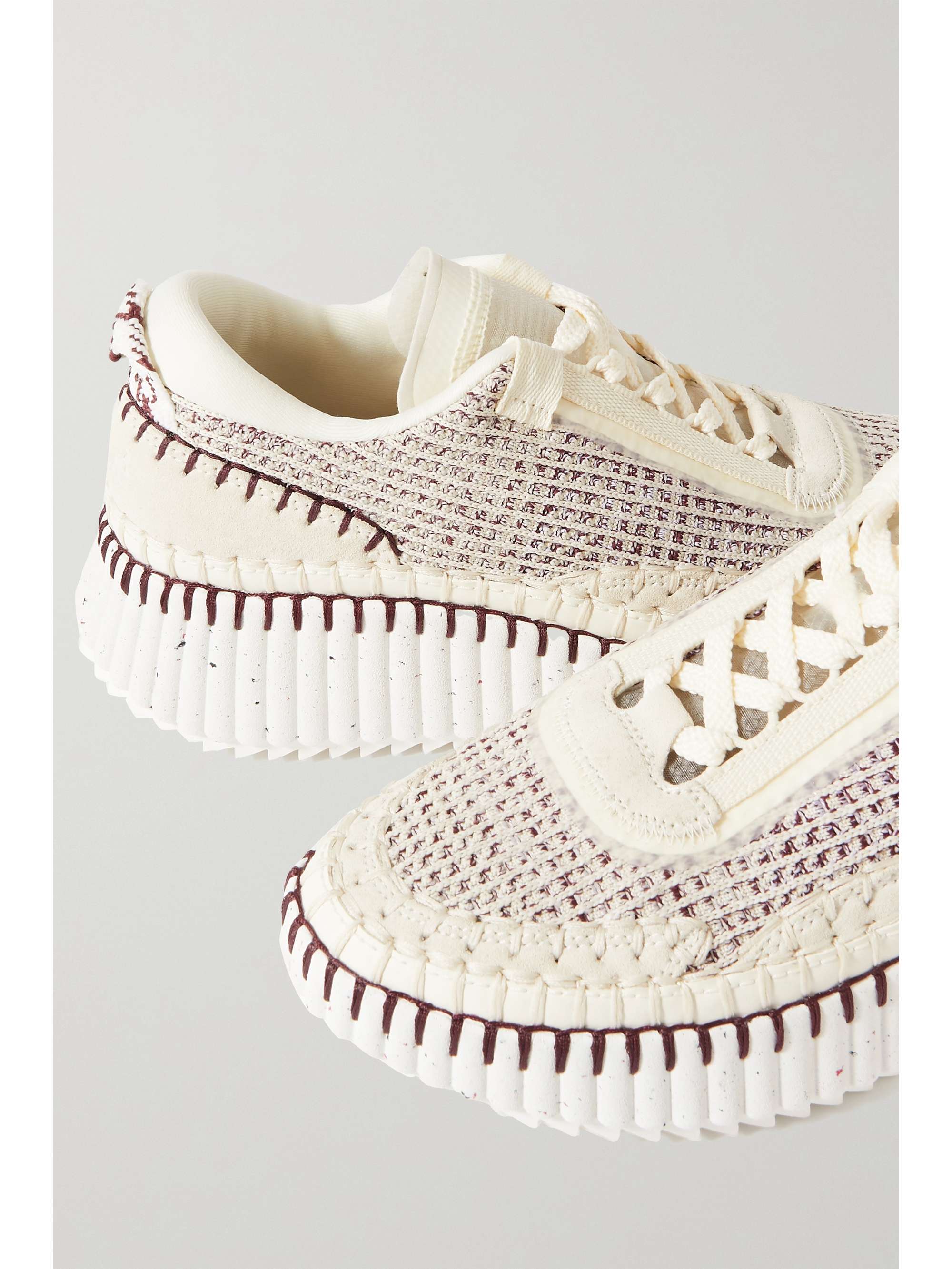 CHLOÉ + NET SUSTAIN Nama embroidered suede and recycled-mesh sneakers