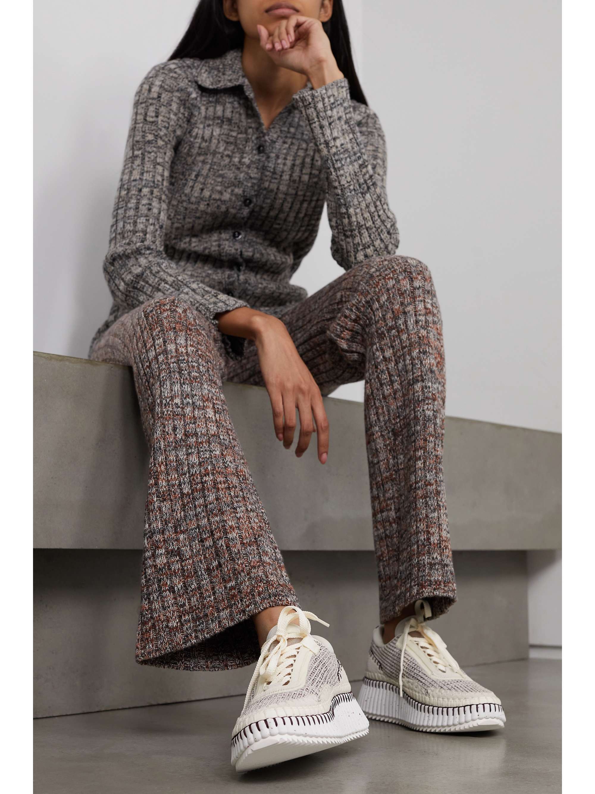 CHLOÉ + NET SUSTAIN Nama embroidered suede and recycled-mesh sneakers