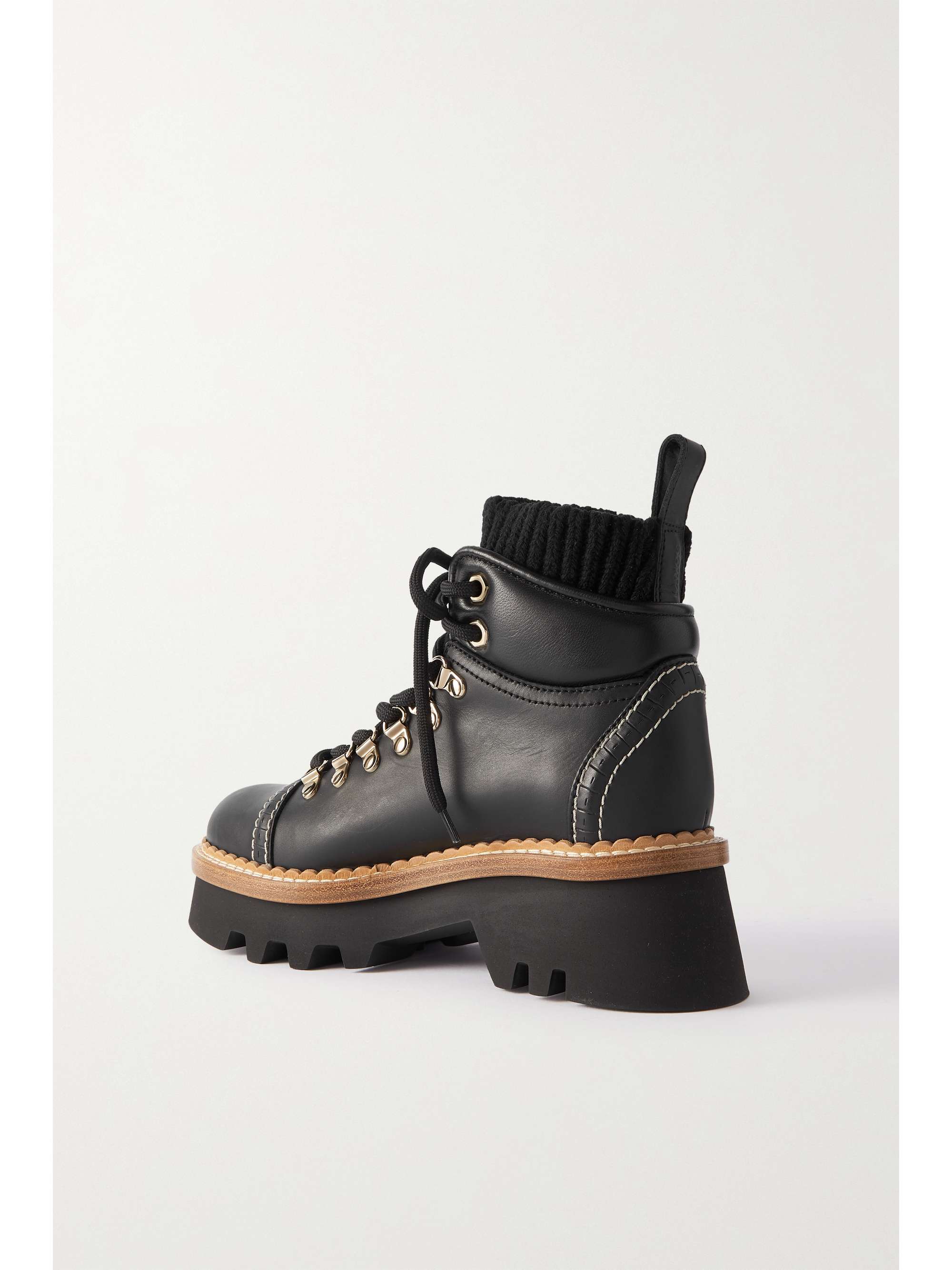 CHLOÉ + NET SUSTAIN Owena ribbed-knit and leather ankle boots