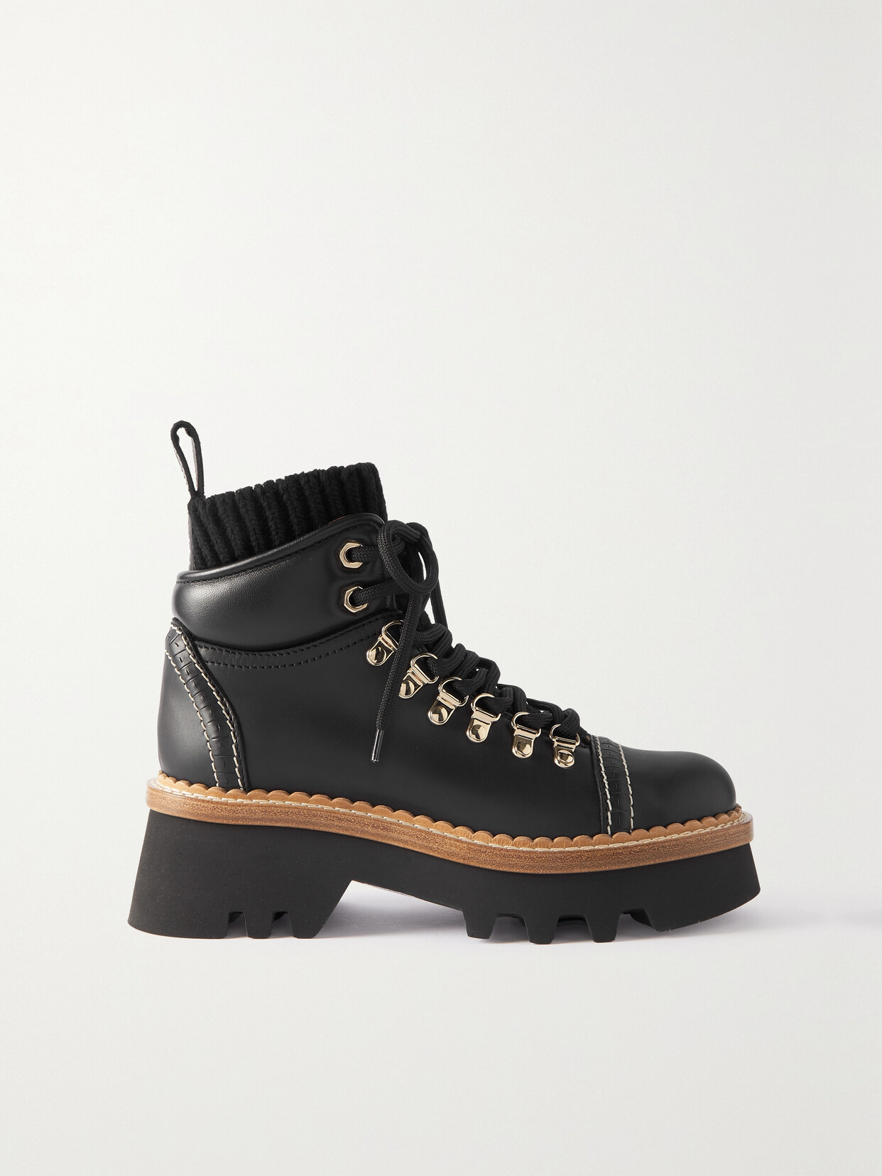 Chloé Owena Ribbed-knit And Leather Ankle Boots In Black