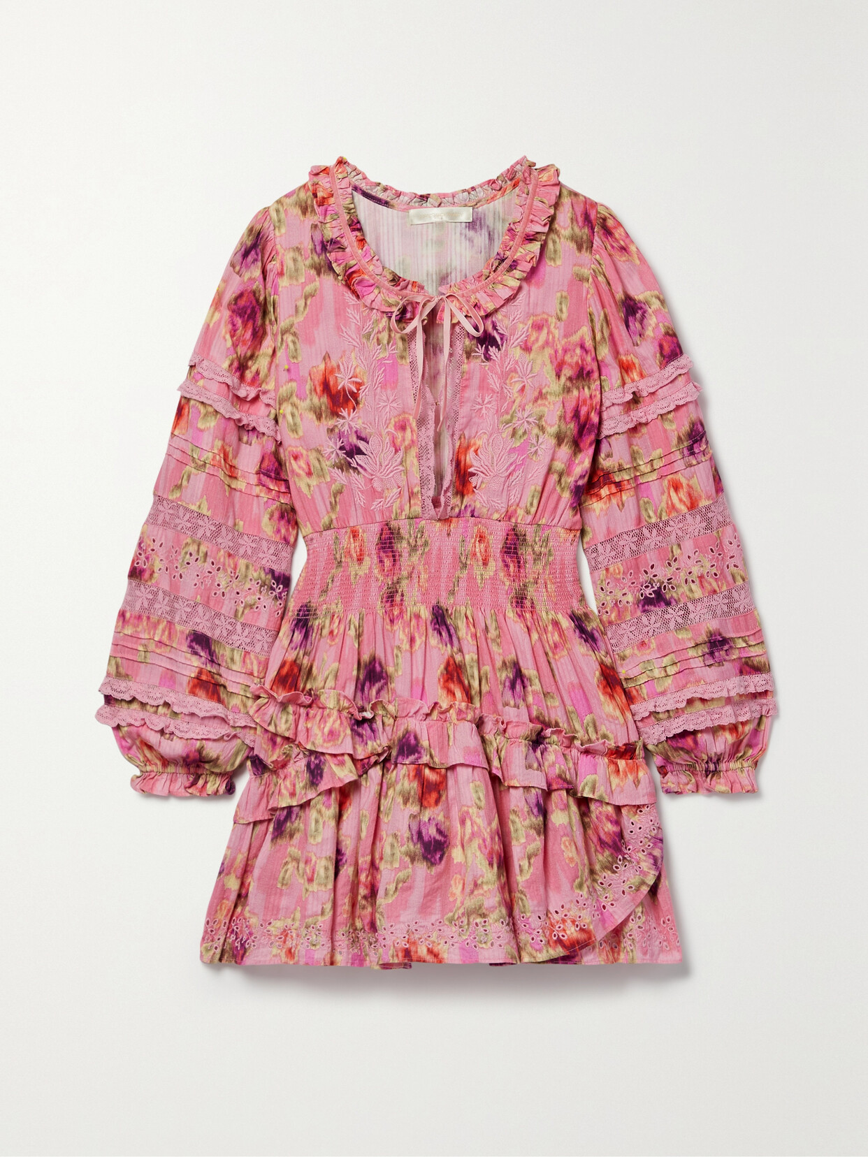 LoveShackFancy Clarkie Crochet And Broderie Anglaise-trimmed Floral-print Cotton Mini Dress - Pink