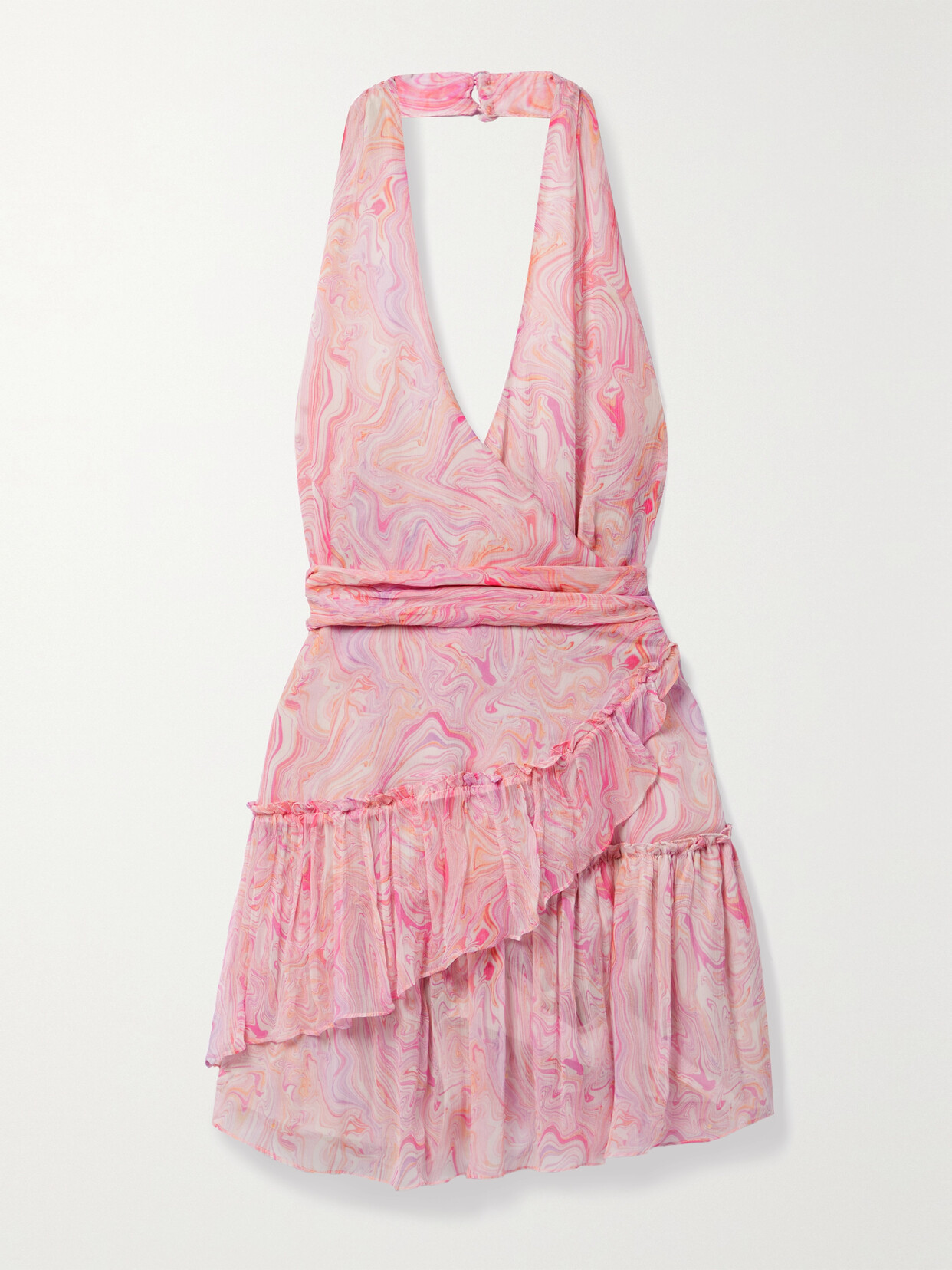 LoveShackFancy Aleena Tiered Printed Crepon Halterneck Mini Wrap Dress - Pink