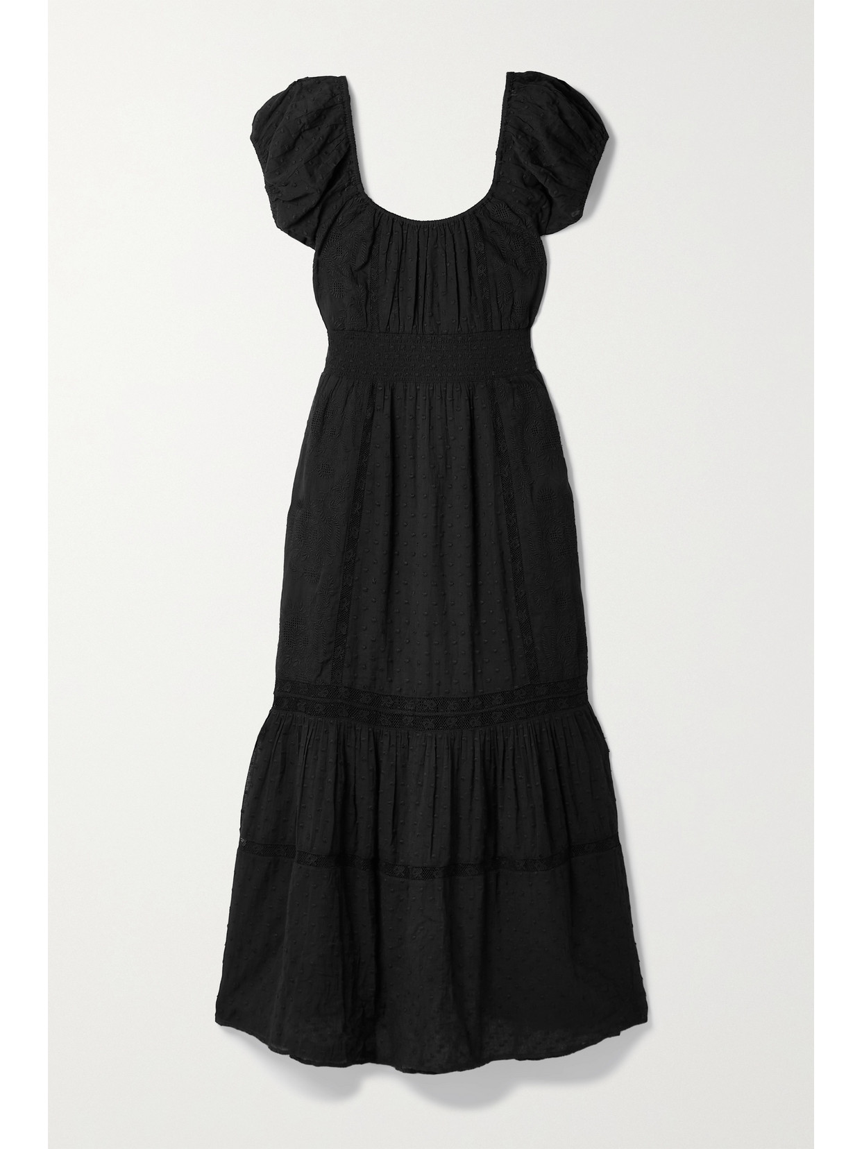 Shop Loveshackfancy Vernon Shirred Swiss-dot Embroidered Cotton Midi Dress In Black