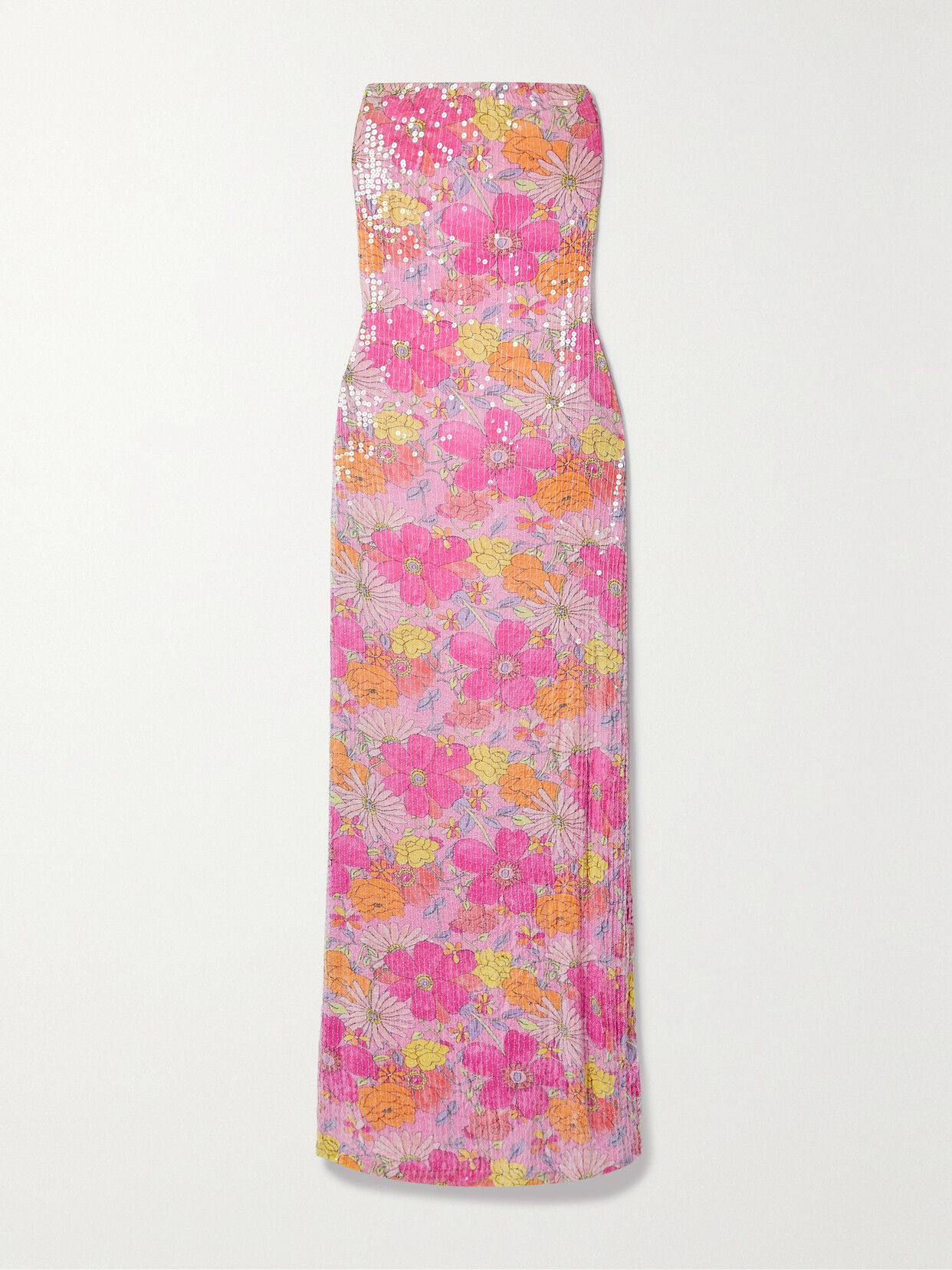 LOVESHACKFANCY TANNIE STRAPLESS SEQUINED FLORAL-PRINT JERSEY MAXI DRESS