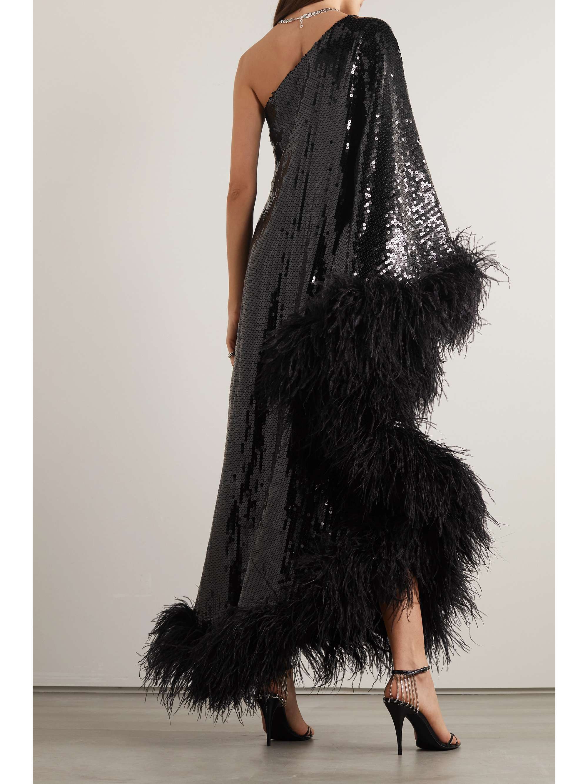 TALLER MARMO Disco Ubud one-shoulder feather-trimmed sequined crepe gown