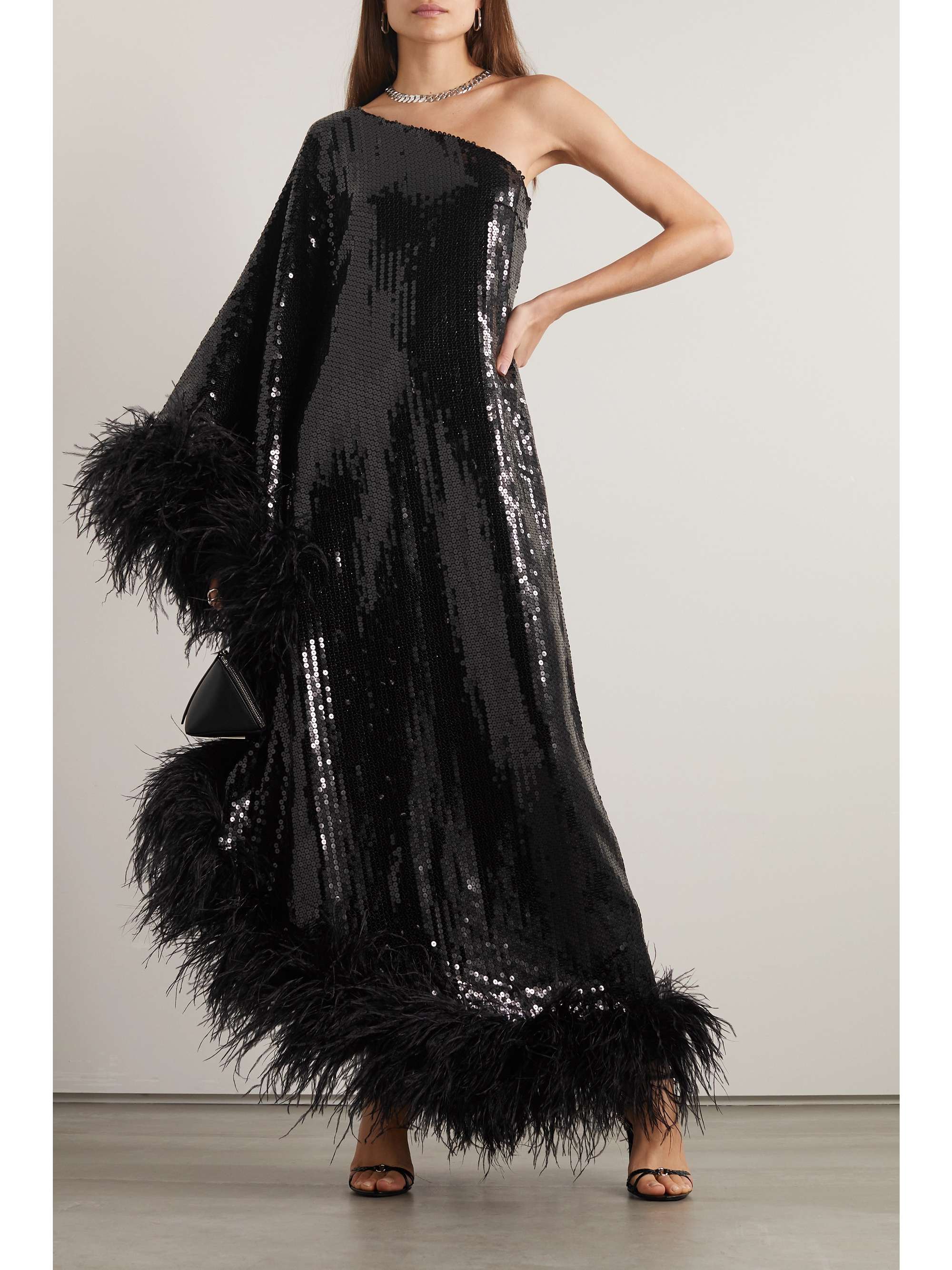 TALLER MARMO Disco Ubud one-shoulder feather-trimmed sequined crepe gown