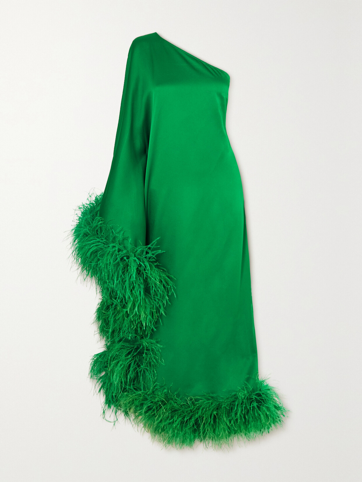 Shop Taller Marmo Ubud One-shoulder Feather-trimmed Satin-crepe Maxi Dress In Green