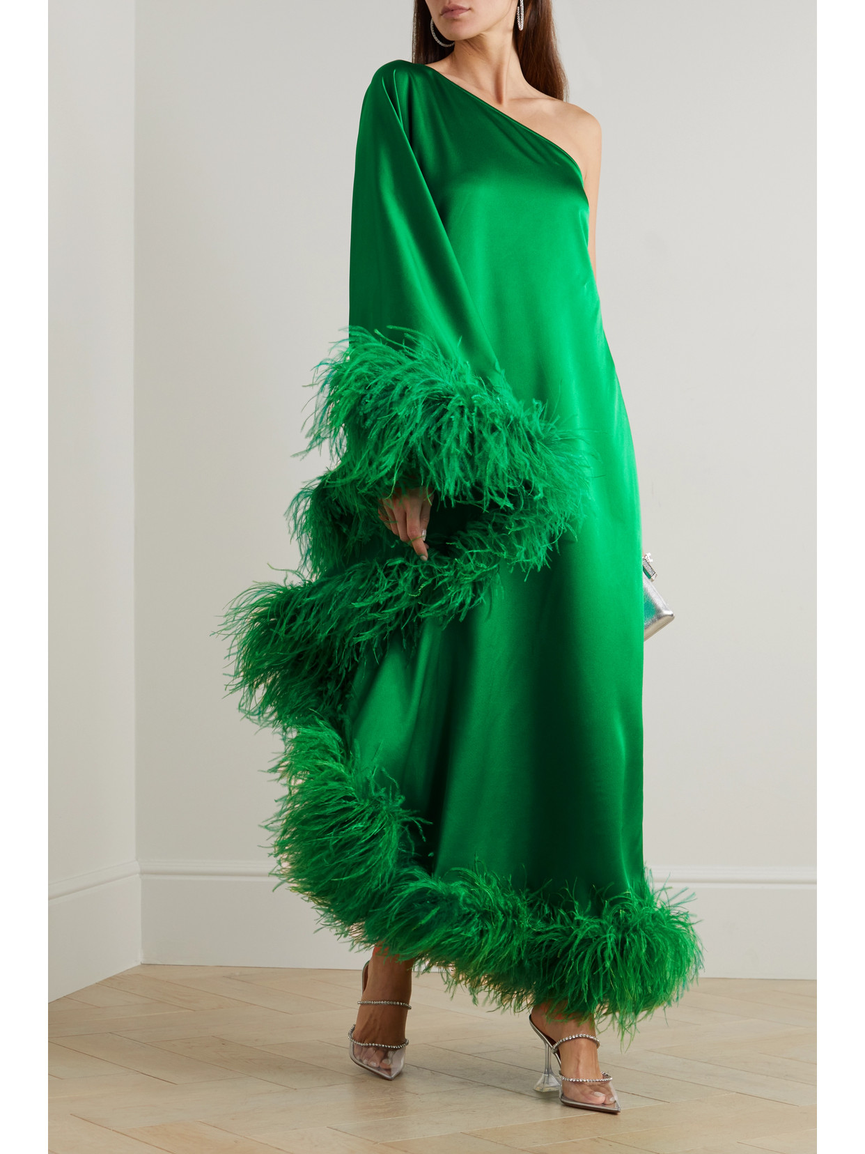 Shop Taller Marmo Ubud One-shoulder Feather-trimmed Satin-crepe Maxi Dress In Green