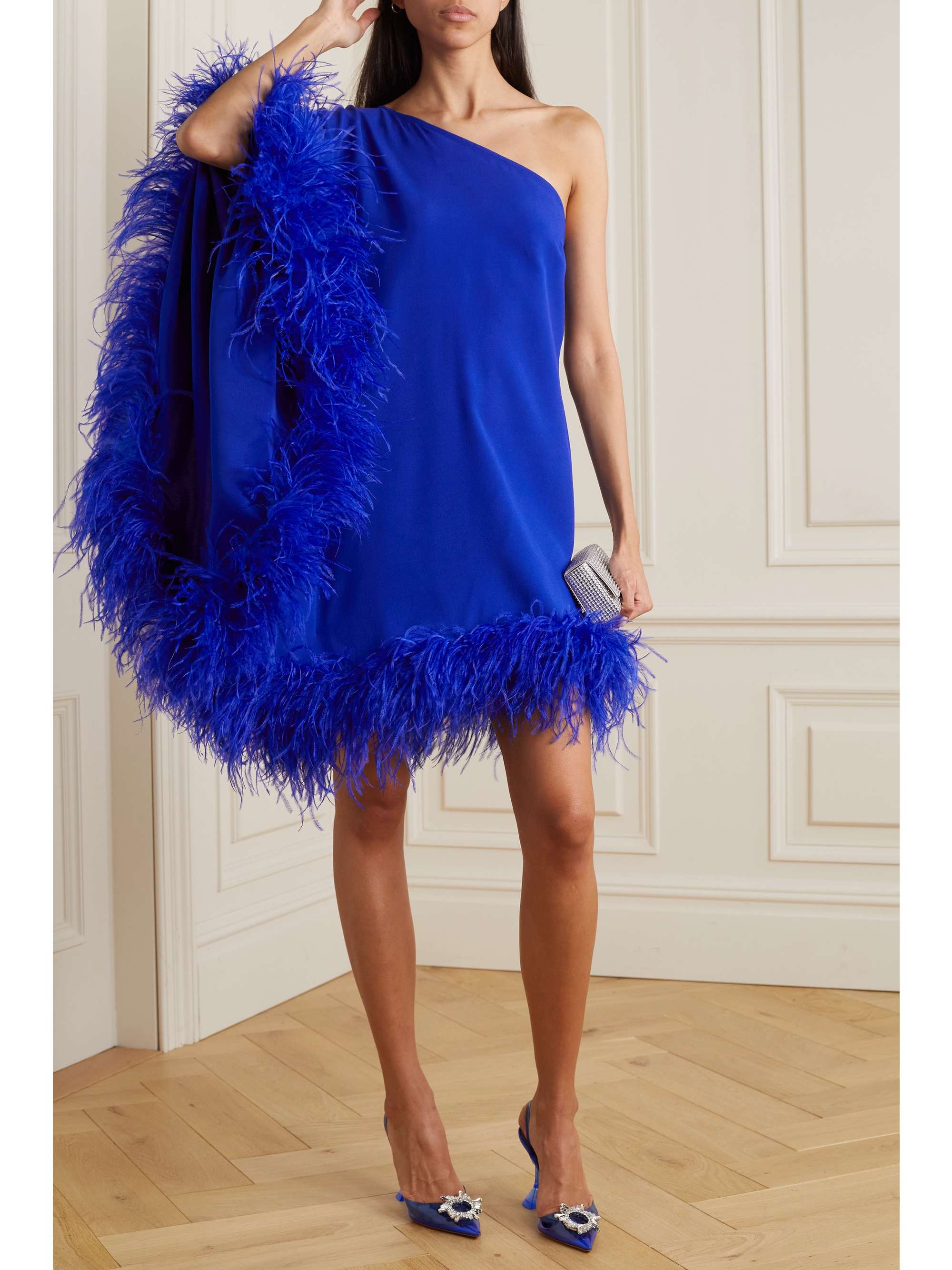 TALLER MARMO Piccolo Ubud Spiritoone one-sleeve feather-trimmed silk-chiffon mini dress