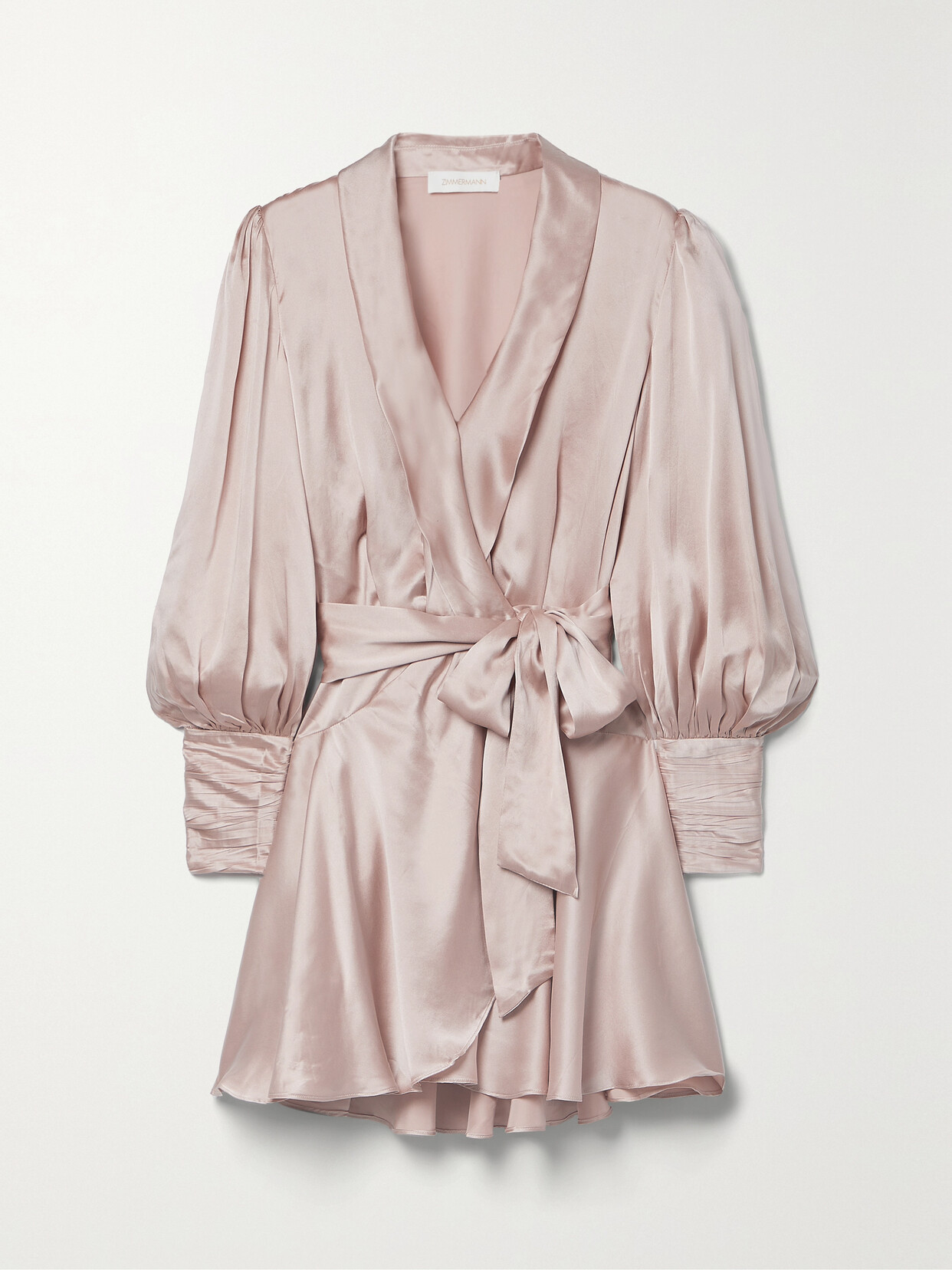 Zimmermann Ruffled Silk-satin Mini Wrap Dress In Neutral