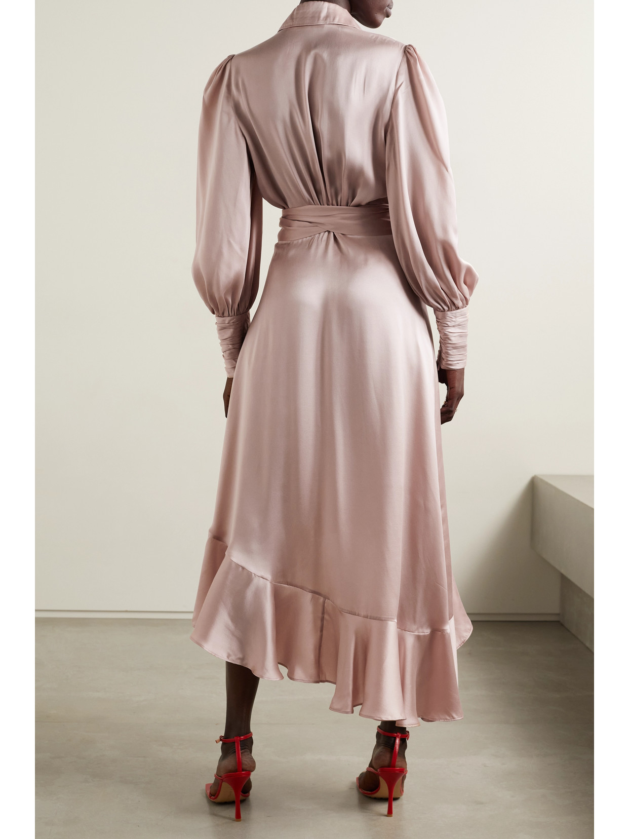 Shop Zimmermann Asymmetric Ruffled Silk-satin Midi Wrap Dress In Pink