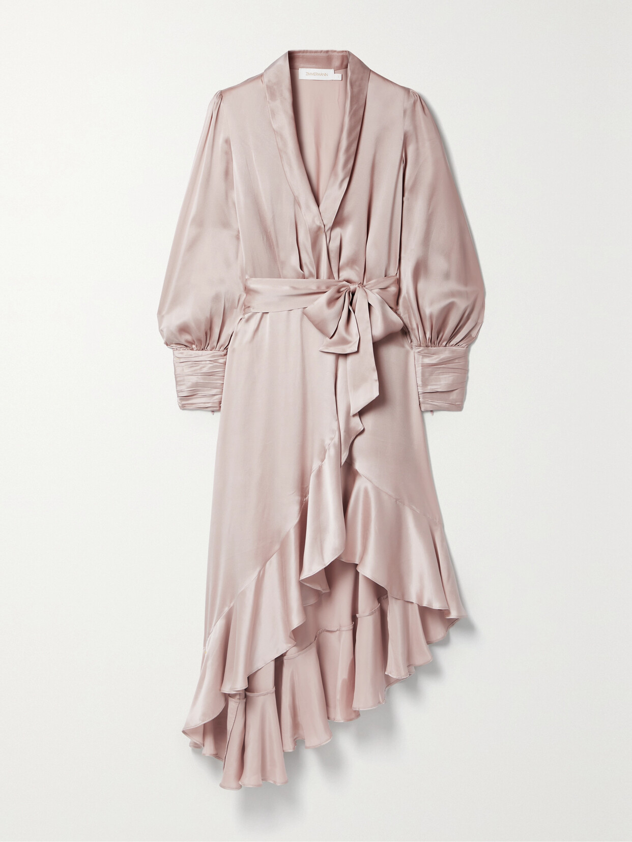 Shop Zimmermann Asymmetric Ruffled Silk-satin Midi Wrap Dress In Pink