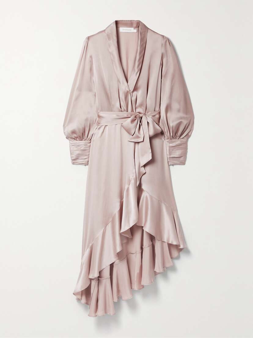 Zimmermann Asymmetric Ruffled Silk-satin Midi Wrap Dress
