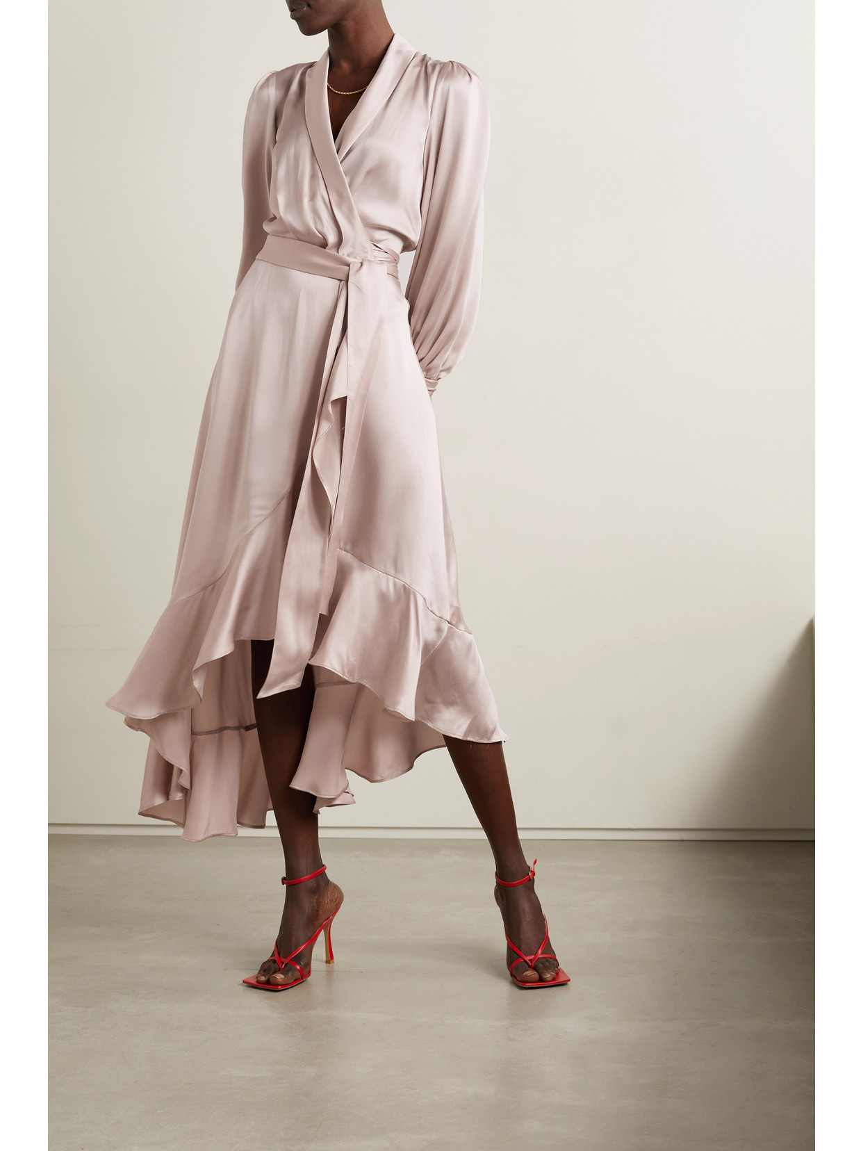 Shop Zimmermann Asymmetric Ruffled Silk-satin Midi Wrap Dress In Pink