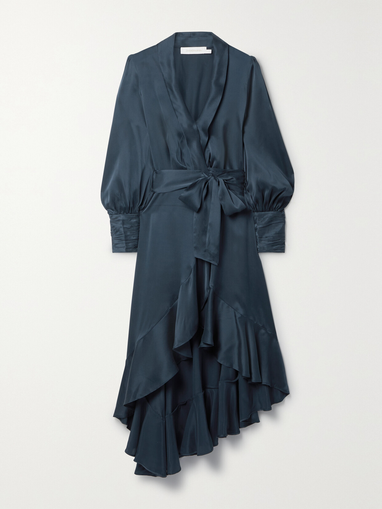 Zimmermann Asymmetric Ruffled Silk-satin Midi Wrap Dress In Blue