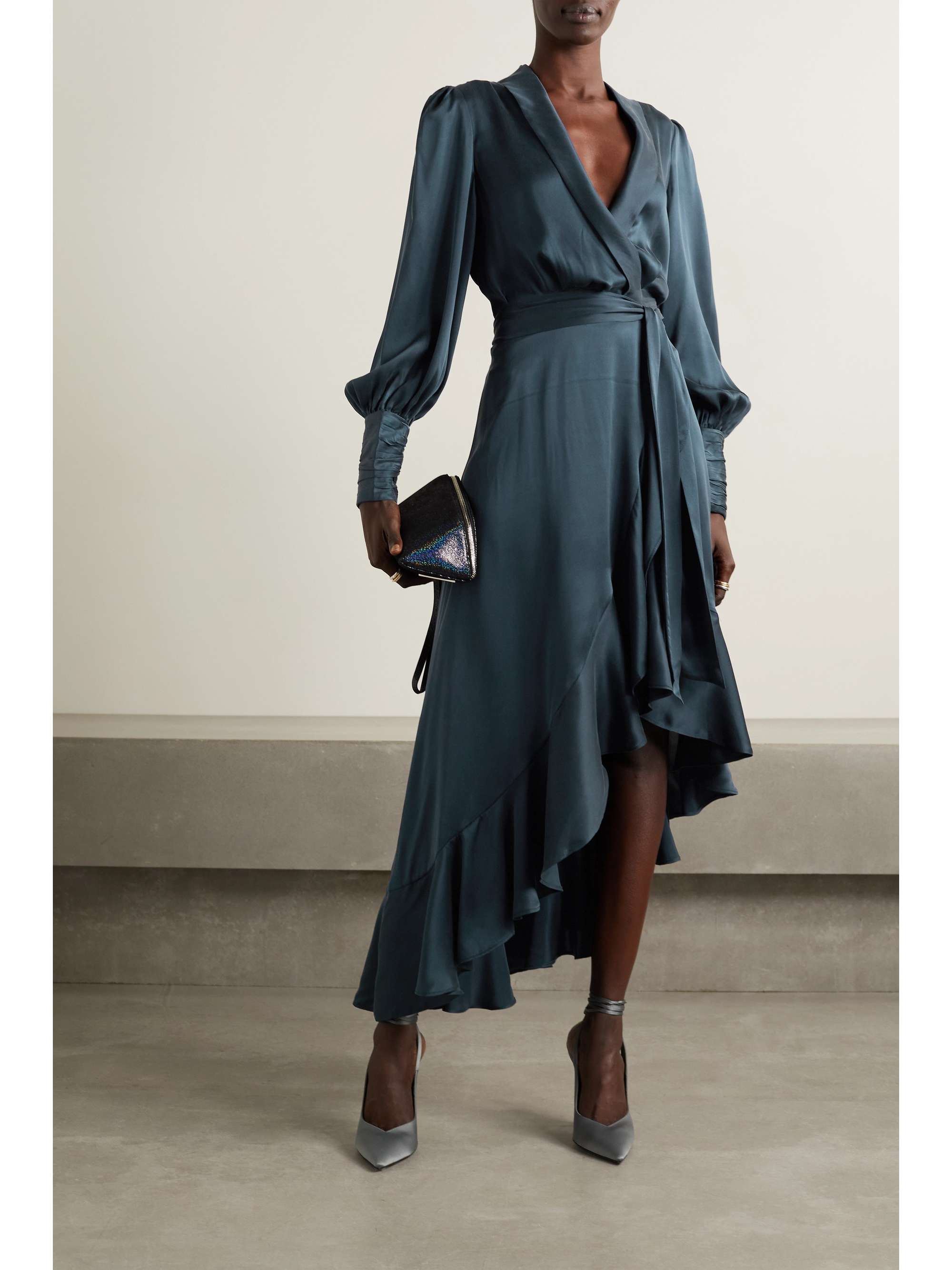 ZIMMERMANN Asymmetric ruffled silk-satin midi wrap dress | NET-A