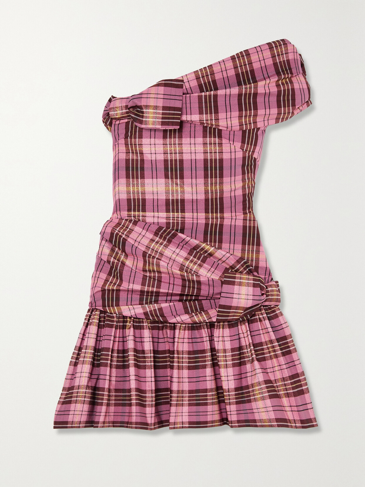 Molly Goddard Dimitria One-shoulder Bow-detailed Checked Metallic Woven Mini Dress In Pink