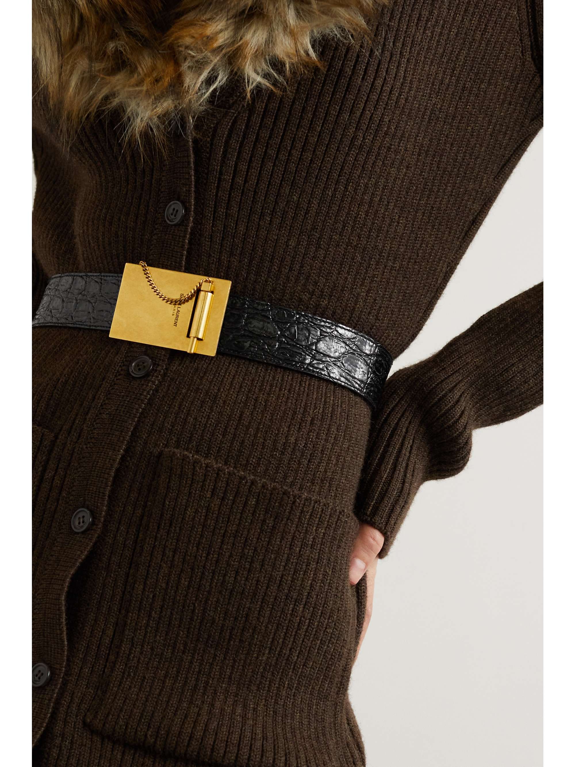 SAINT LAURENT Croc-effect glossed-leather belt