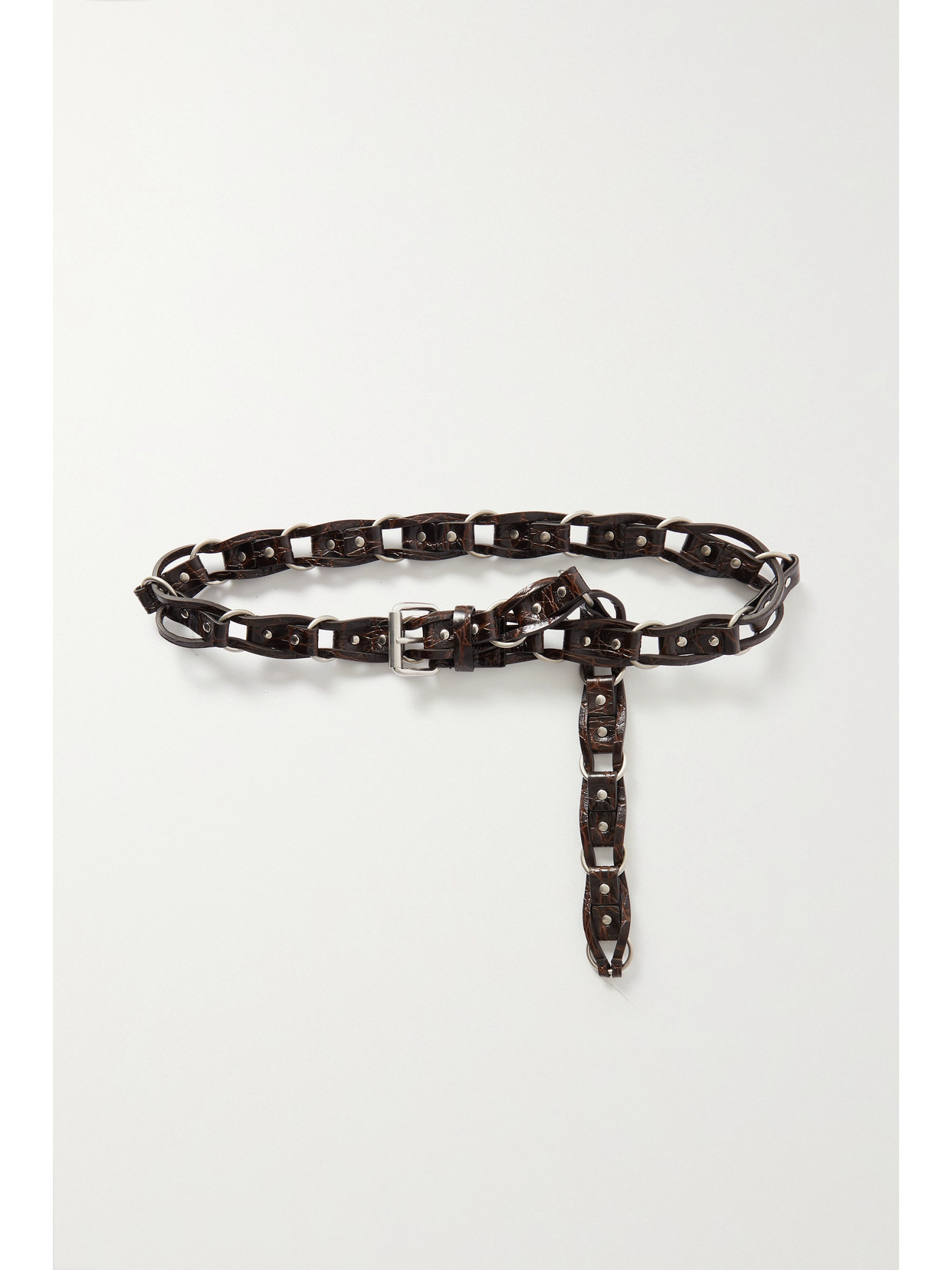 SAINT LAURENT - Motorcycle Braided Studded Crinkled Croc-effect Leather Belt - Brown