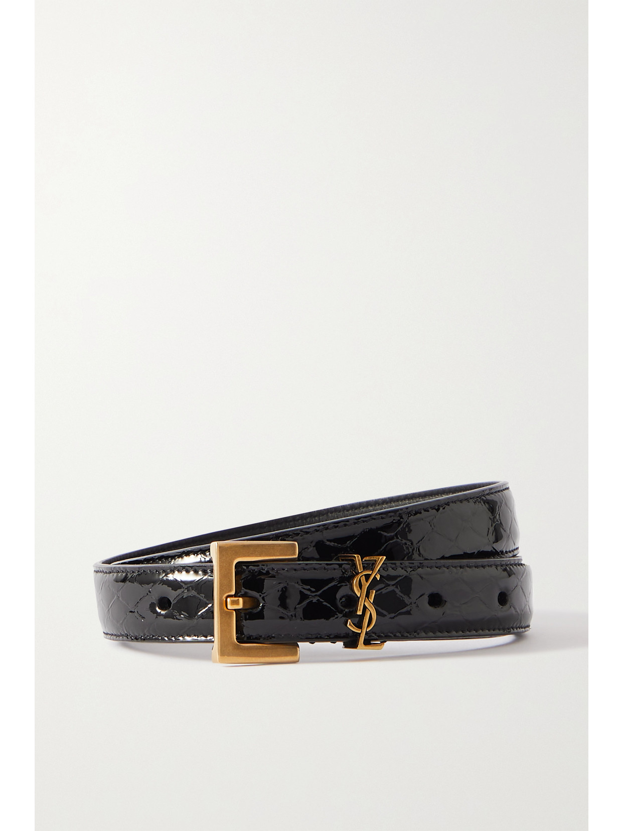 SAINT LAURENT SNAKE-PRINT GLOSSED-LEATHER BELT