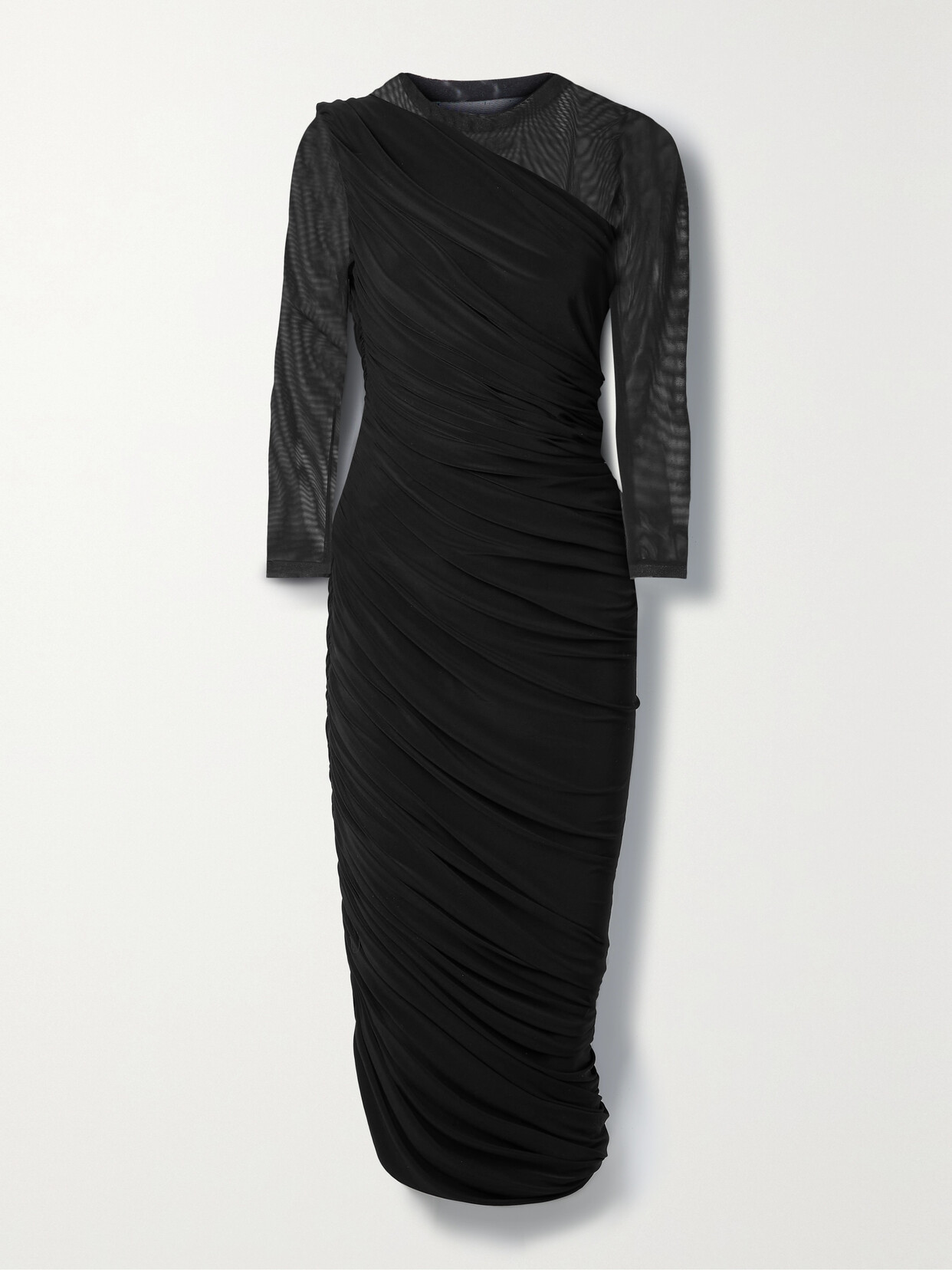 NORMA KAMALI DIANA RUCHED JERSEY AND MESH MIDI DRESS