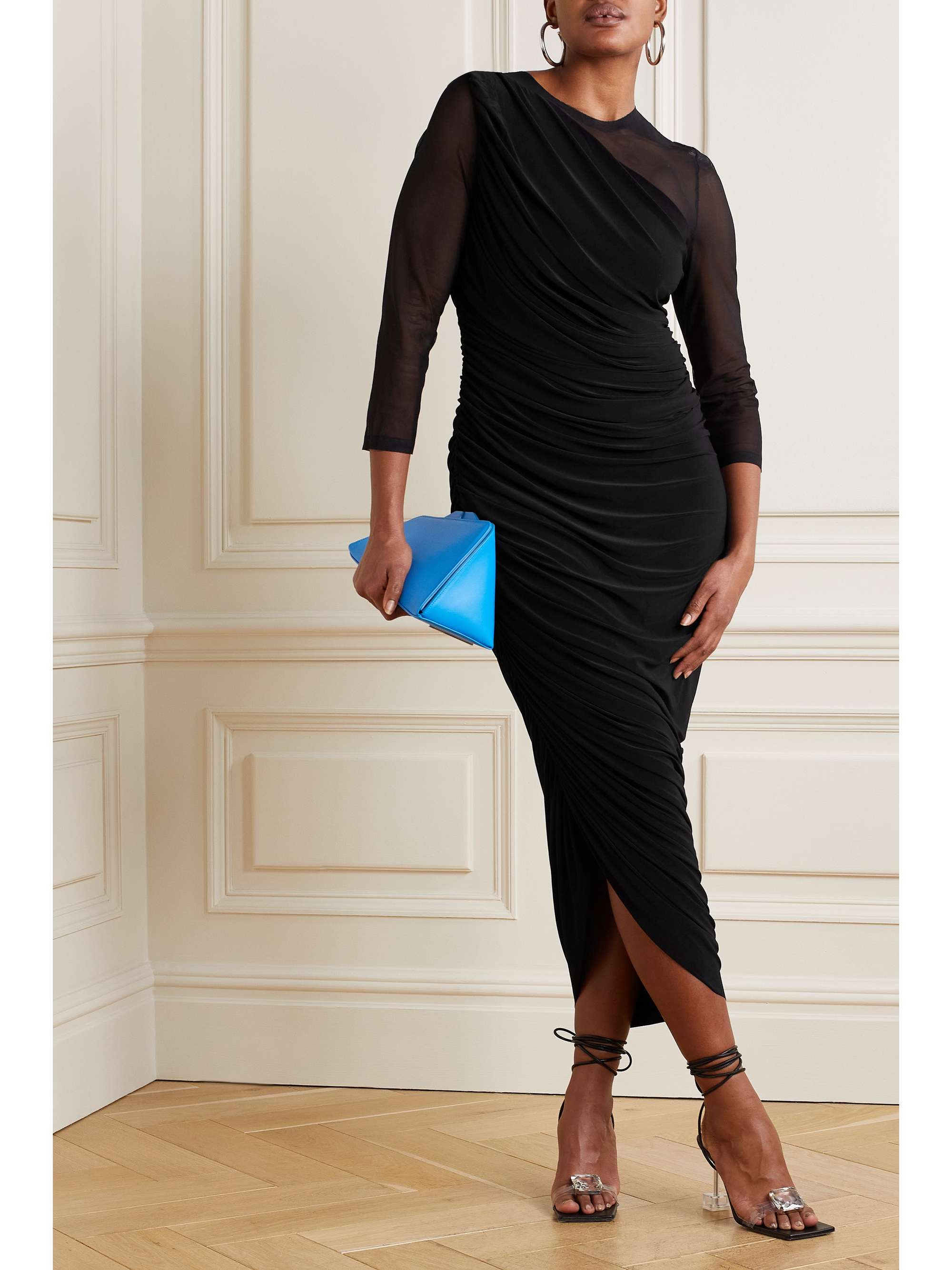 NORMA KAMALI Diana ruched jersey and mesh midi dress | NET-A-PORTER