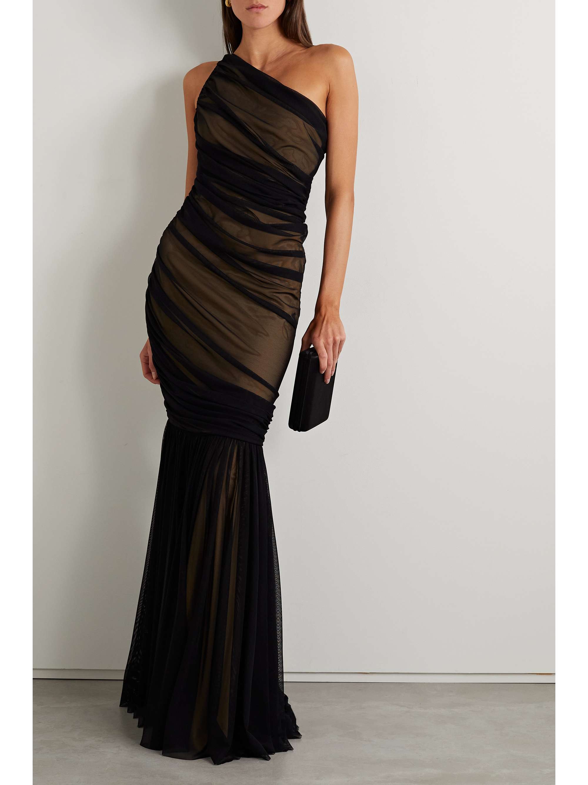 NORMA KAMALI Diana one-shoulder ruched mesh and stretch-jersey gown |  NET-A-PORTER