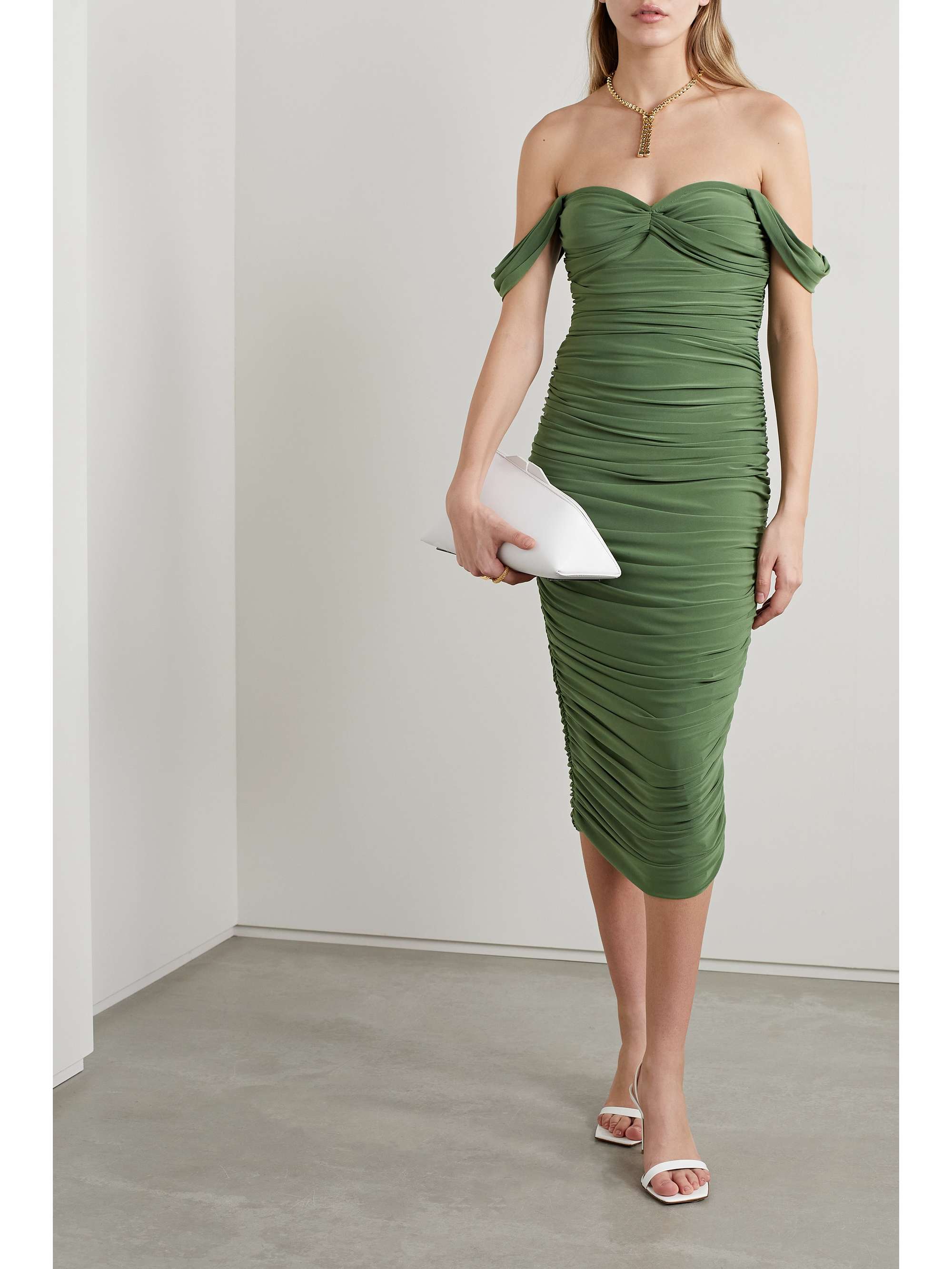NORMA KAMALI Walter off-the-shoulder ruched stretch-jersey midi dress