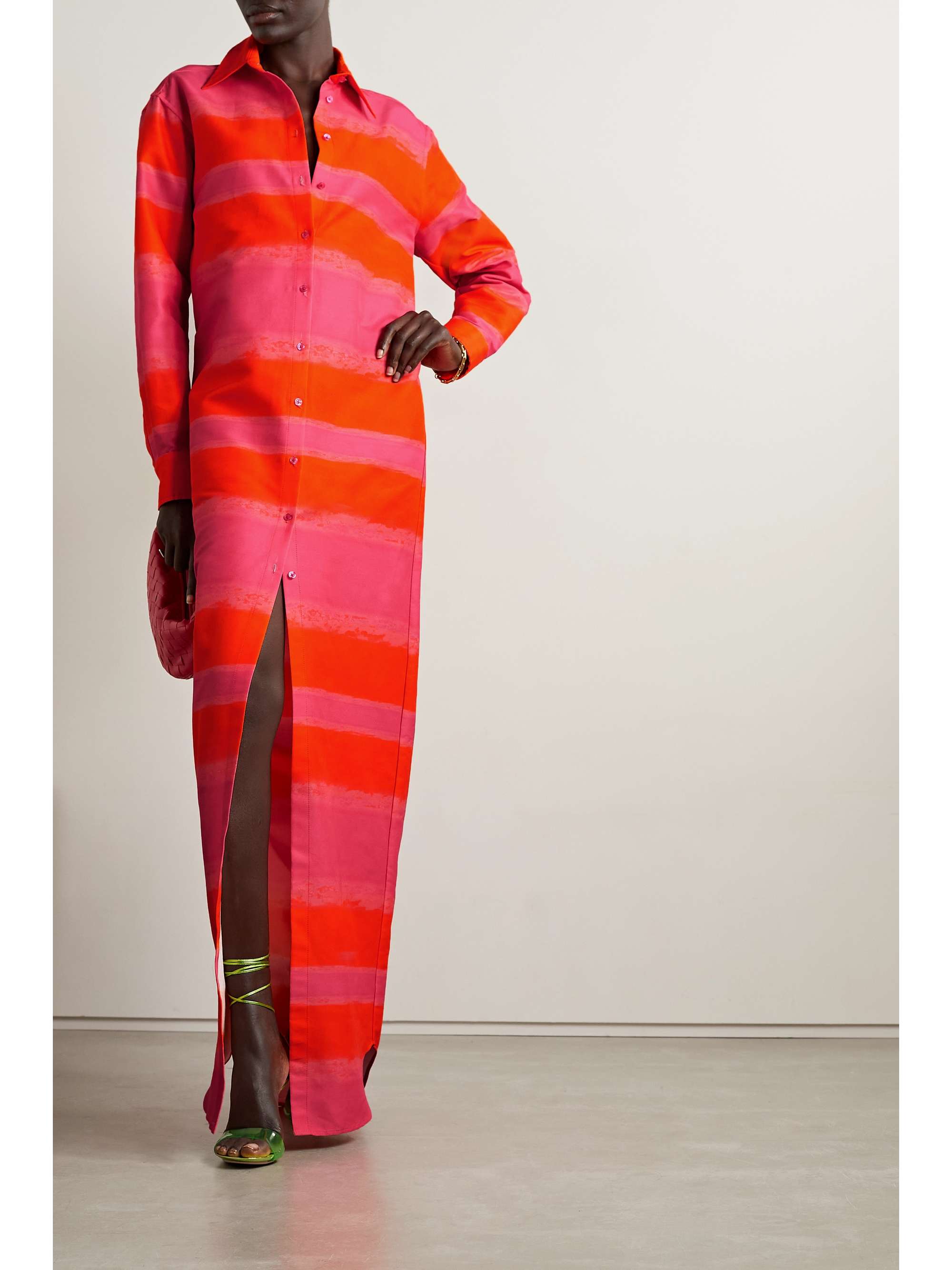 BRANDON MAXWELL Striped cotton and silk-blend faille maxi shirt dress