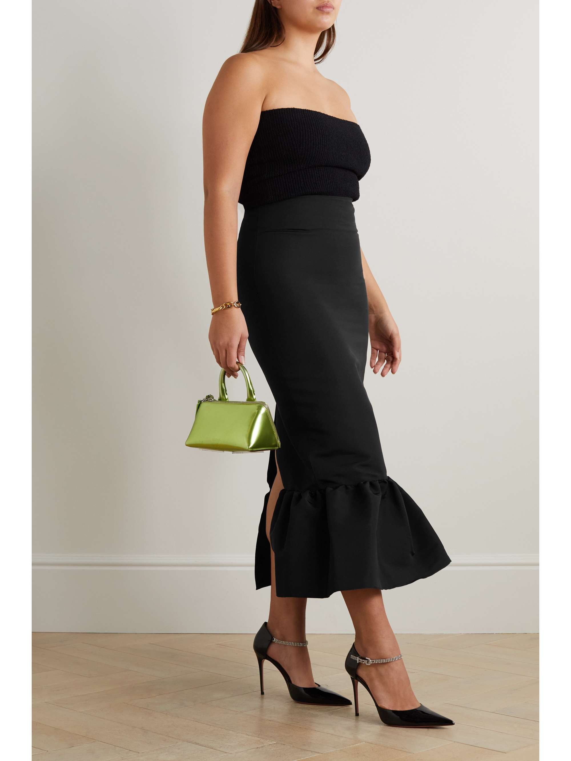 BRANDON MAXWELL シルク ツイル ミディスカート ラッフル付き