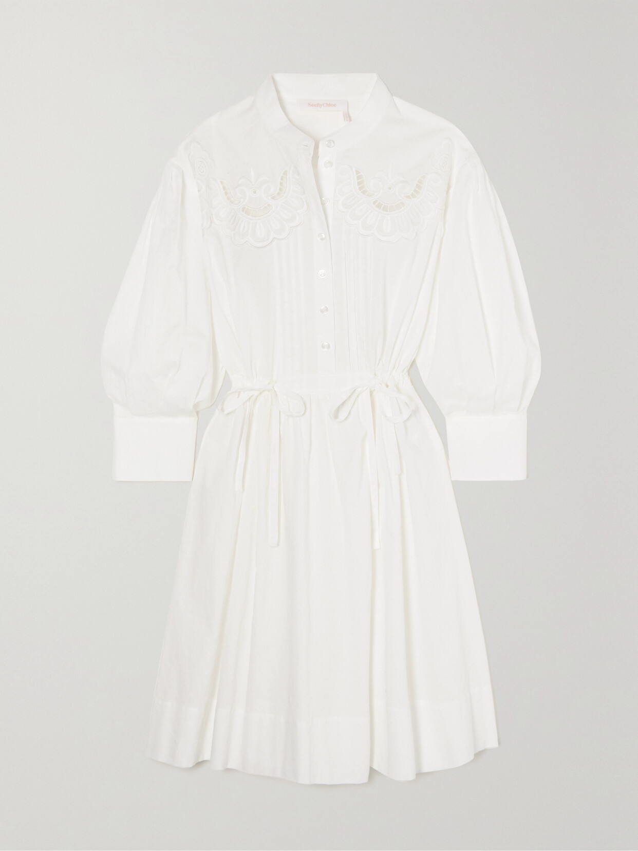 See By Chloé Embroidered Swiss-dot Cotton Mini Shirt Dress - White