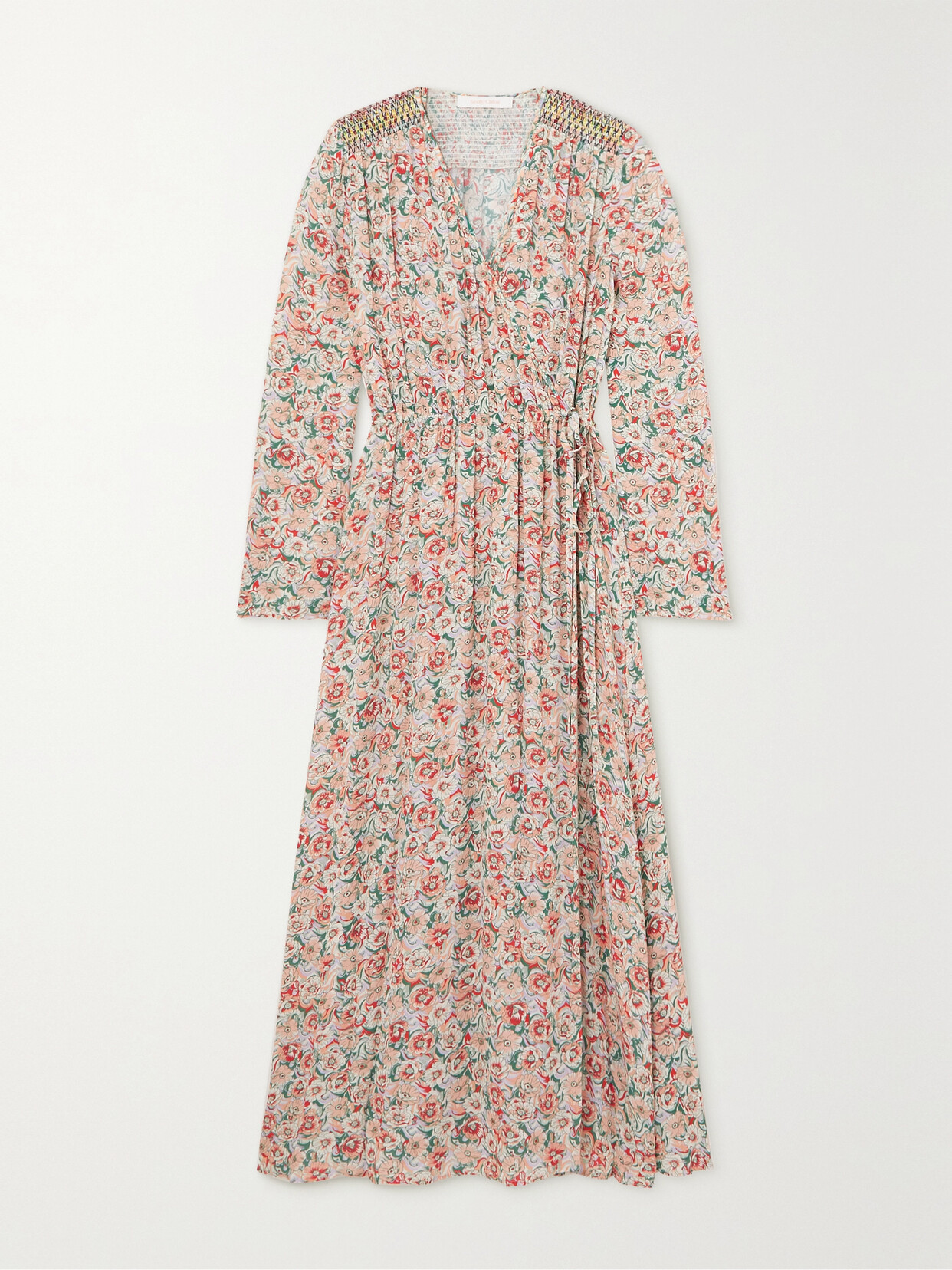 See By Chloé Smocked Floral-print Crepe Midi Wrap Dress In Pink