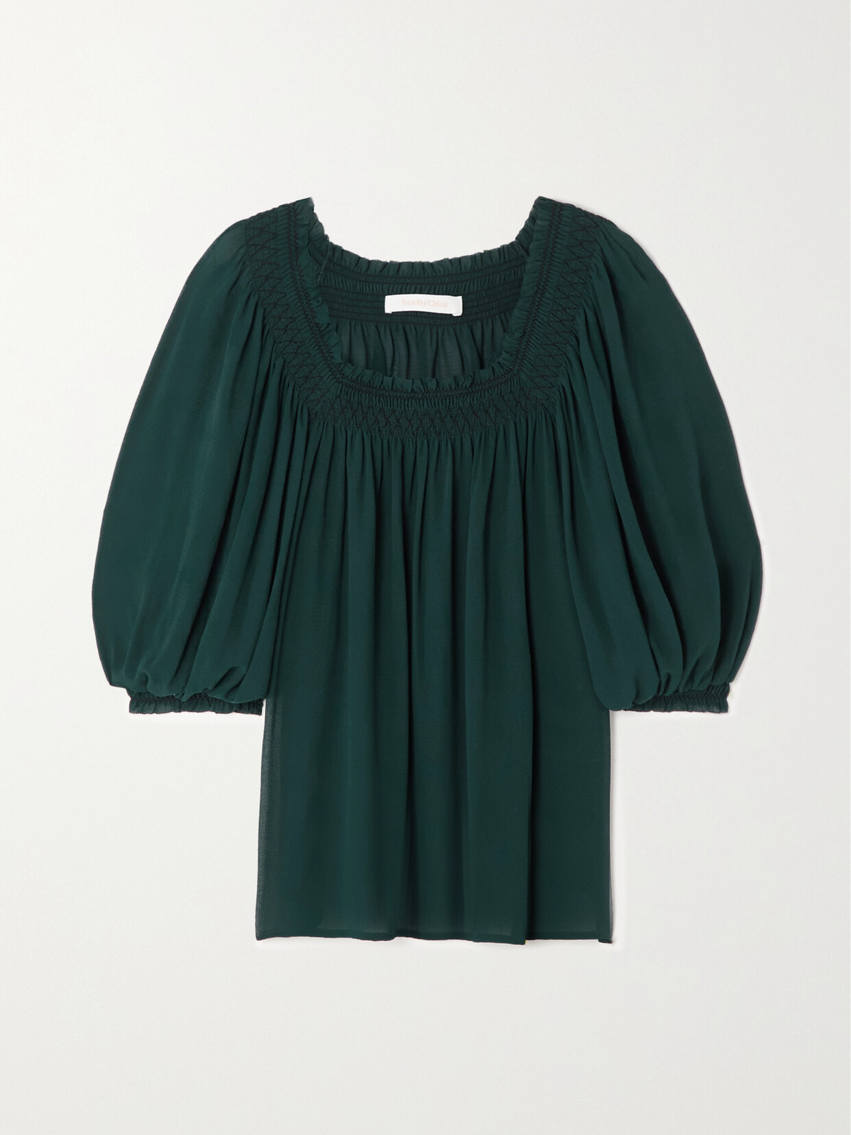 See By Chloé Embroidered Smocked Georgette Blouse In Green