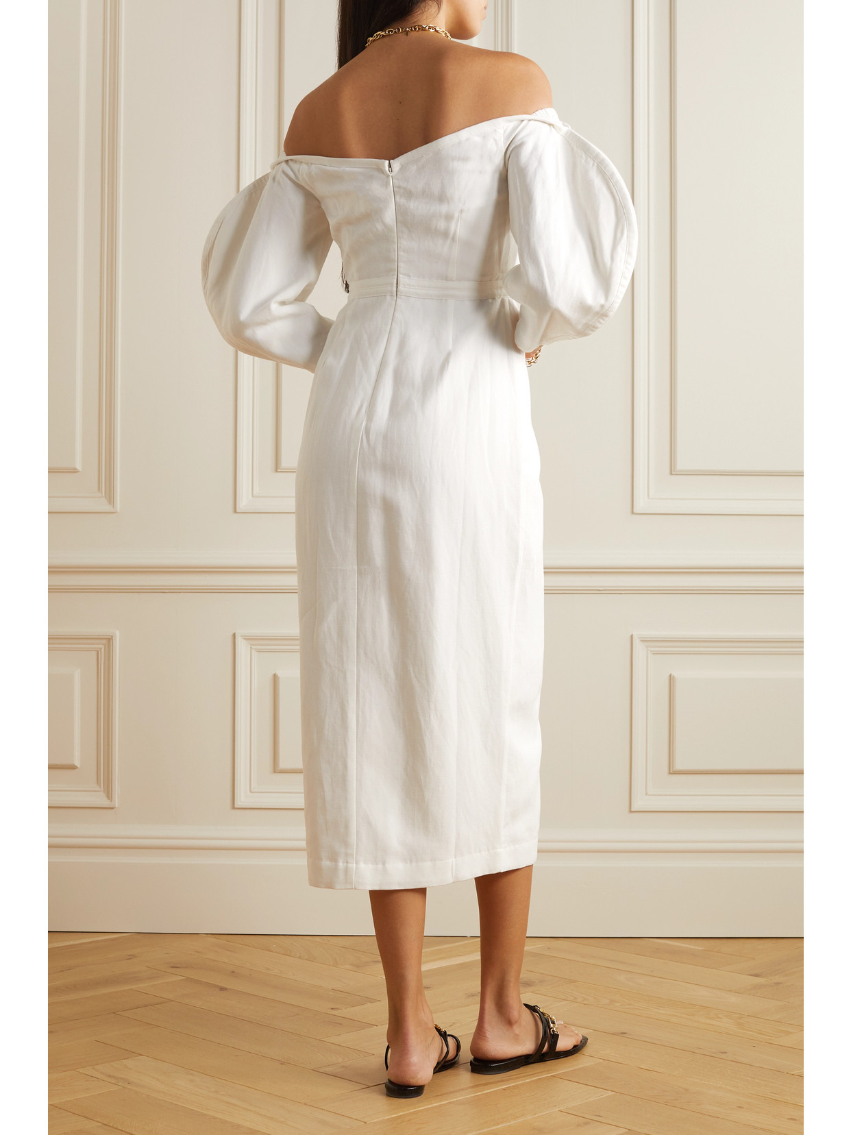 MARA HOFFMAN + NET SUSTAIN LEONARA OFF-THE-SHOULDER TENCEL LYOCELL AND LINEN-BLEND MIDI DRESS