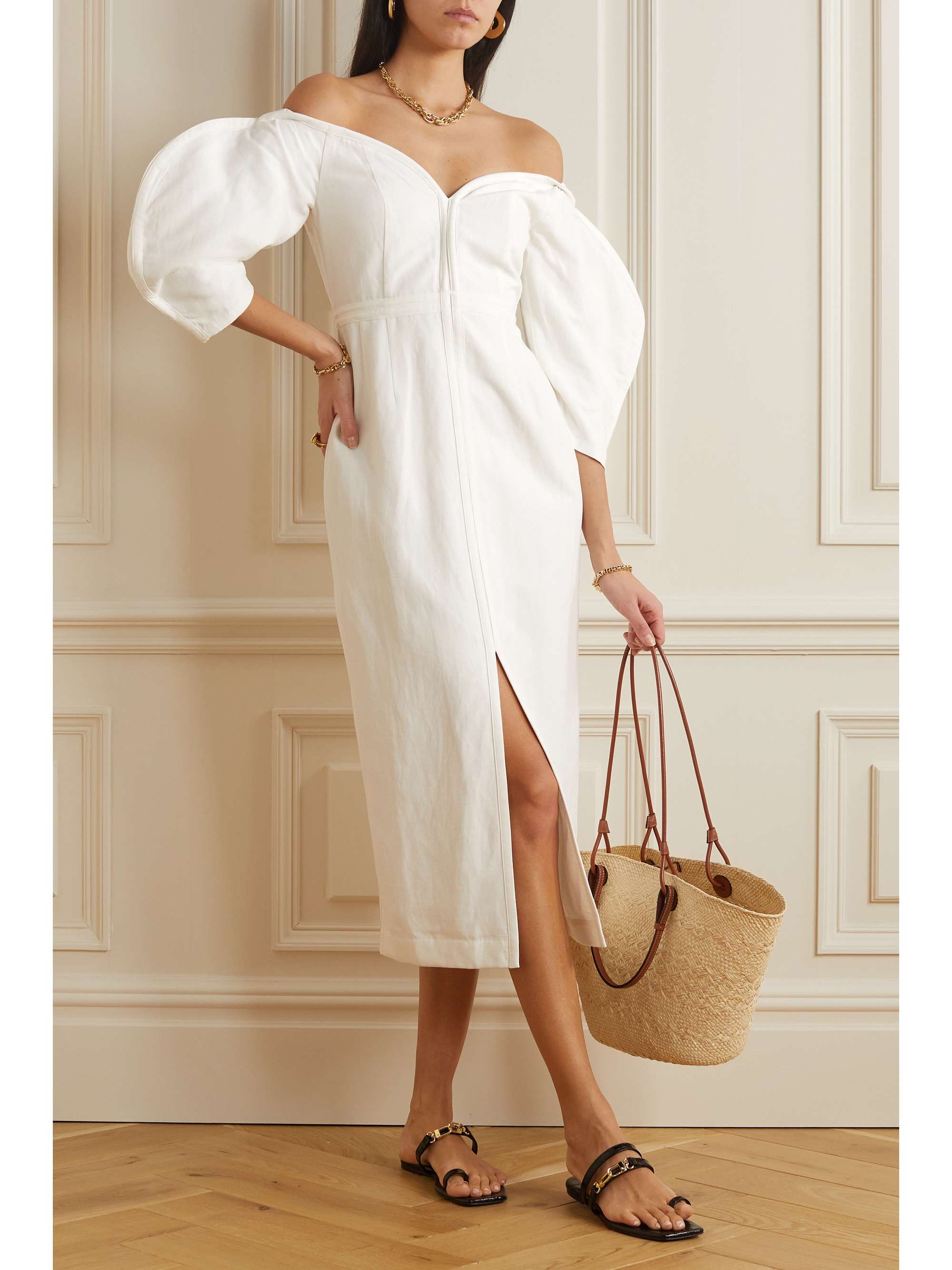 MARA HOFFMAN + NET SUSTAIN Leonara off-the-shoulder TENCEL Lyocell and  linen-blend midi dress | NET-A-PORTER