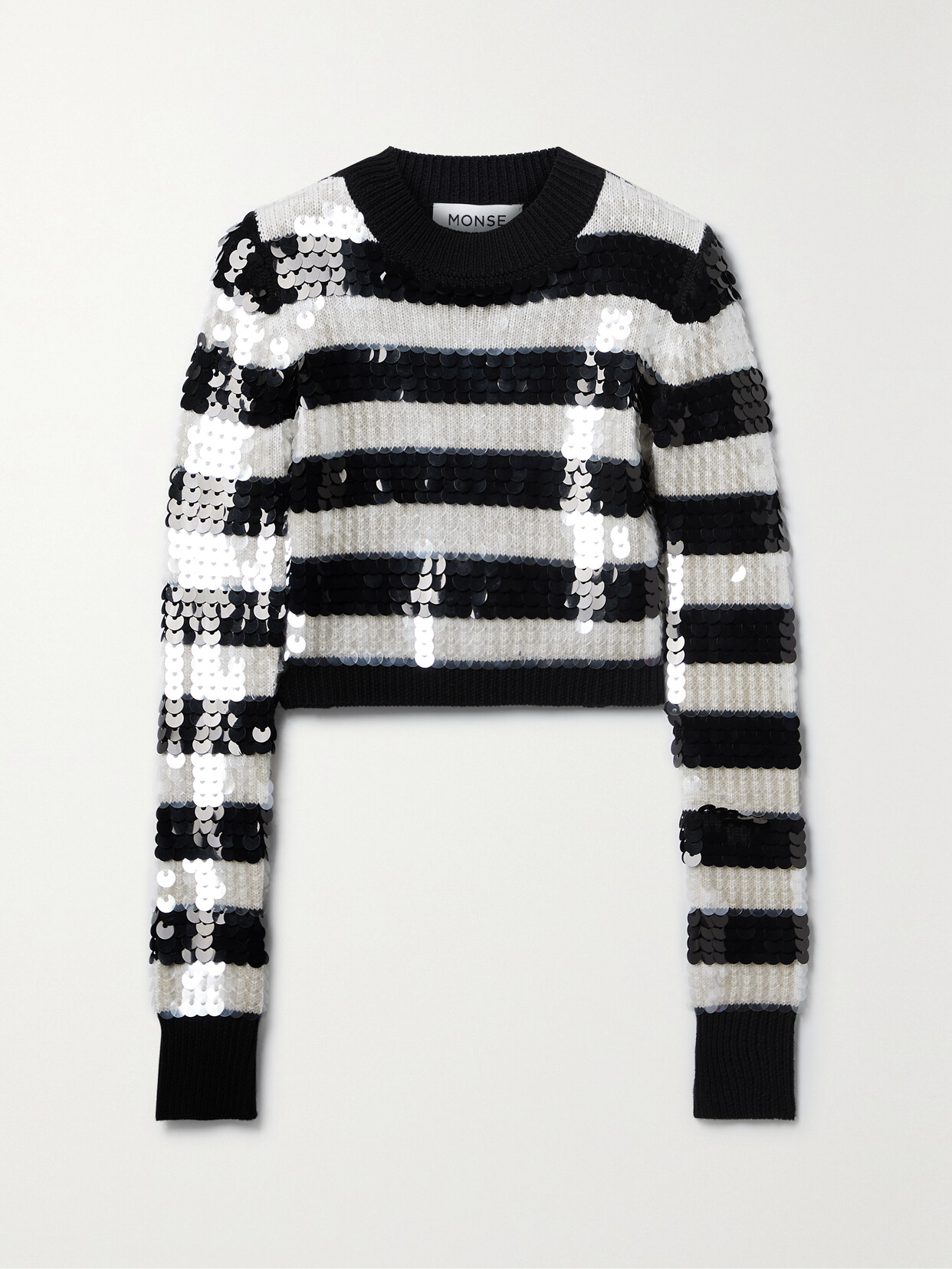 Monse - Cropped Paillette-embellished Striped Wool Sweater - Black