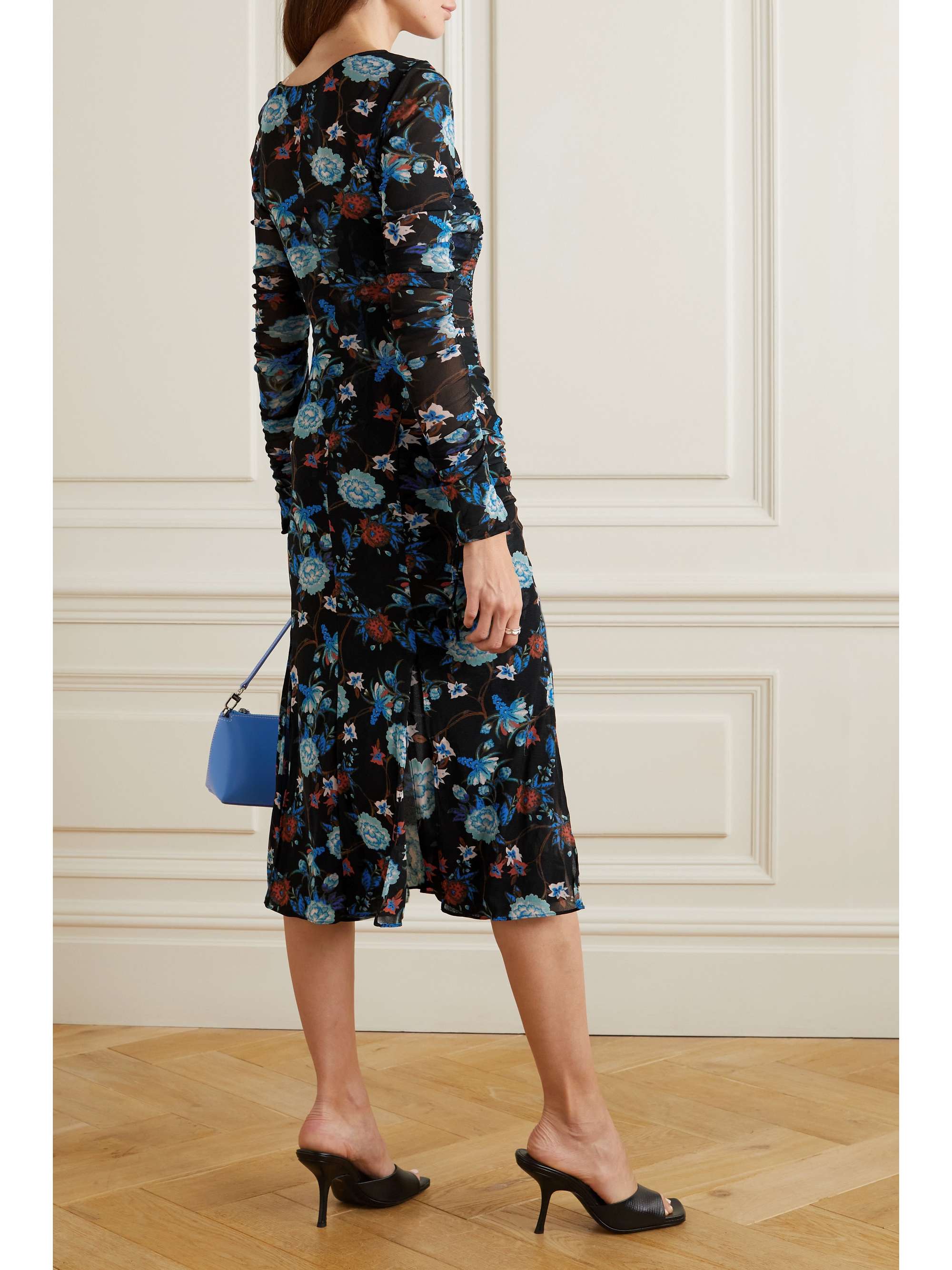 ready and ruched mesh midi dress
