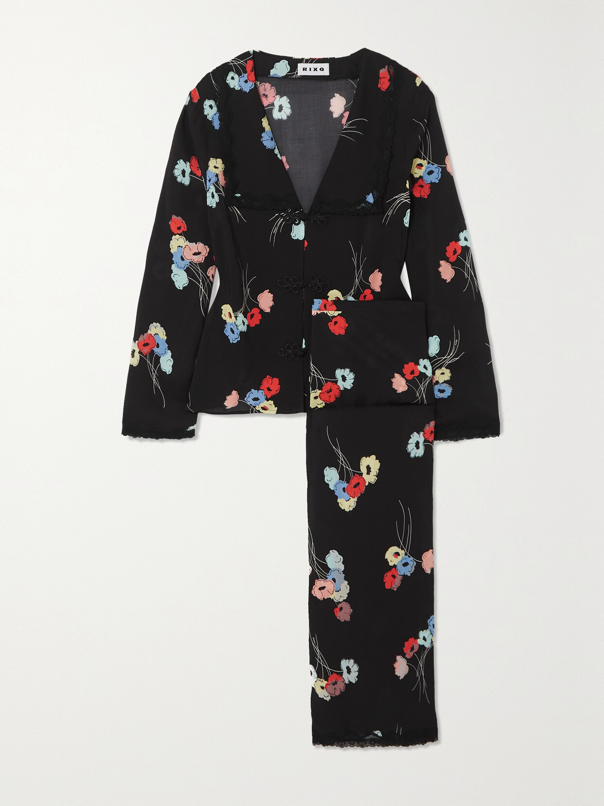 RIXO - Annabelle Lace-trimmed Floral-print Crepe Pajama Set - Black