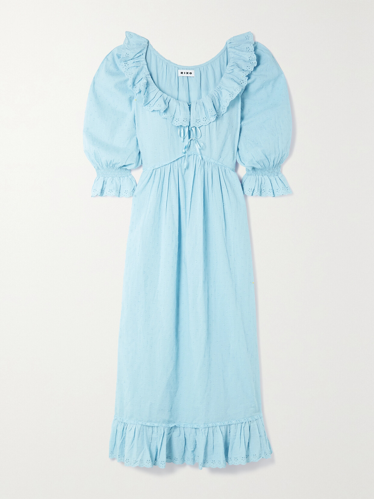 RIXO - Della Ruffled Broderie Anglaise-trimmed Swiss-dot Cotton-voile Nightdress - Blue