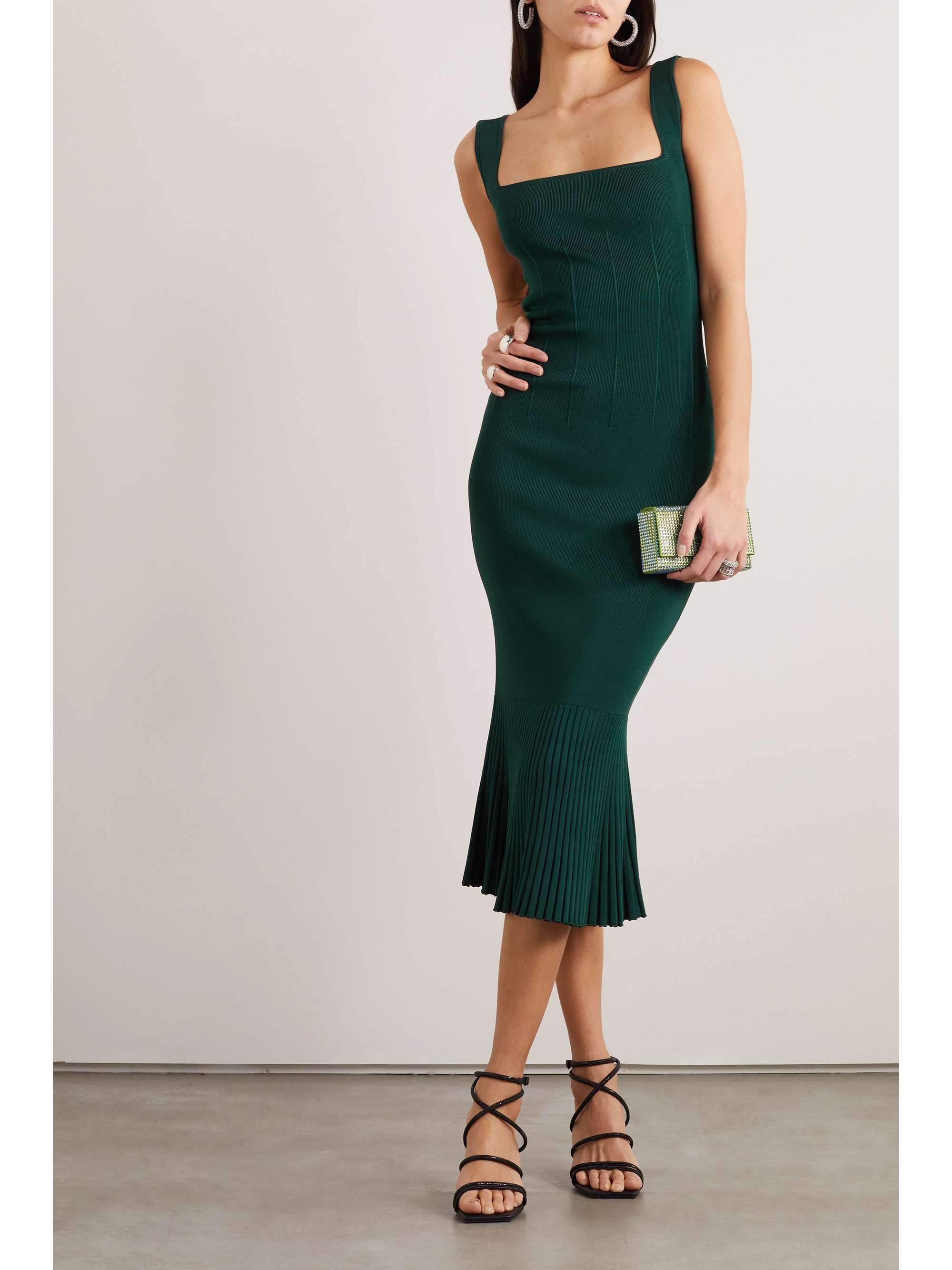 GALVAN Atalanta pleated stretch-knit midi dress