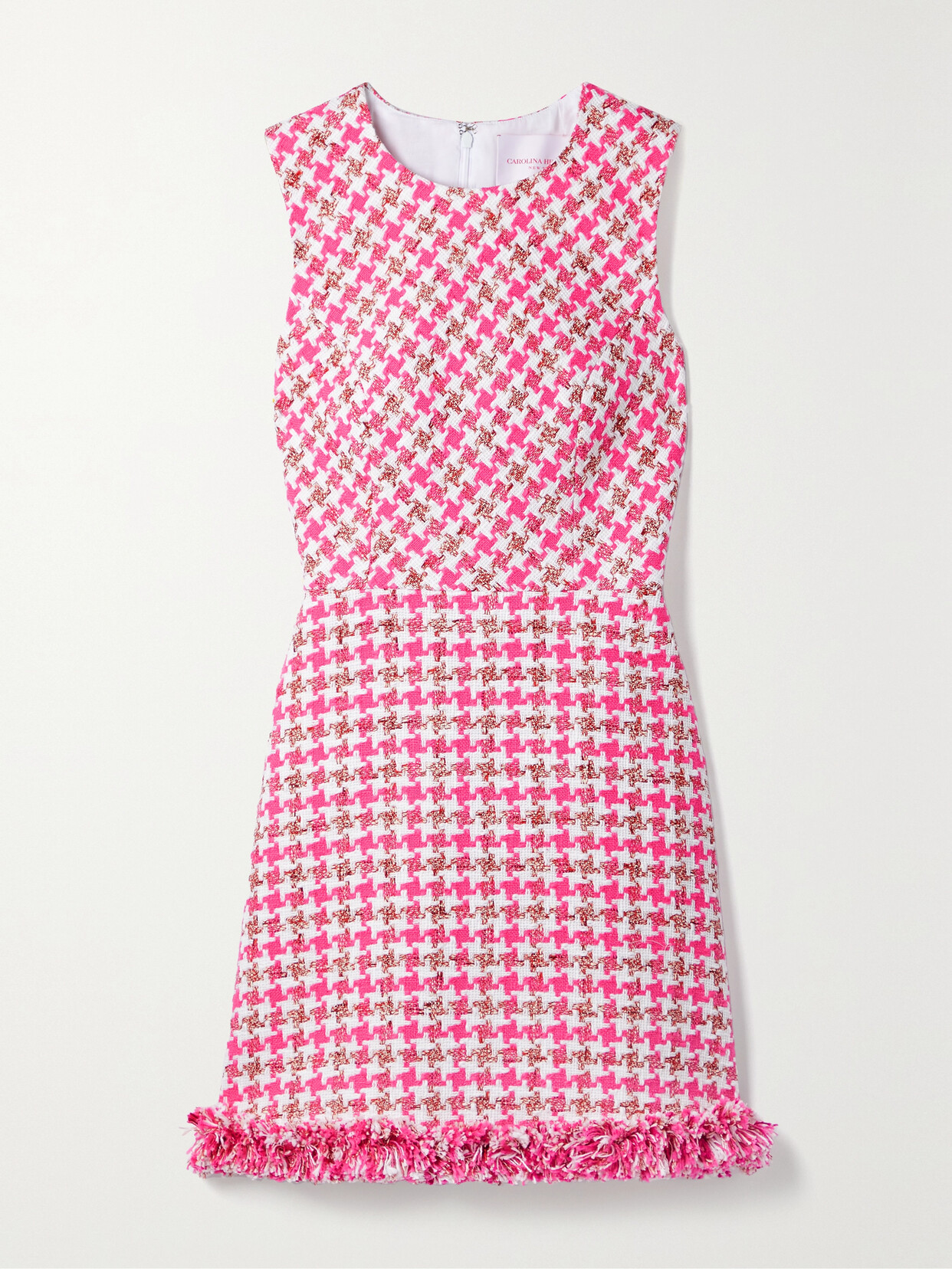 Carolina Herrera - Frayed Houndstooth Cotton-blend Bouclé Mini Dress - Pink