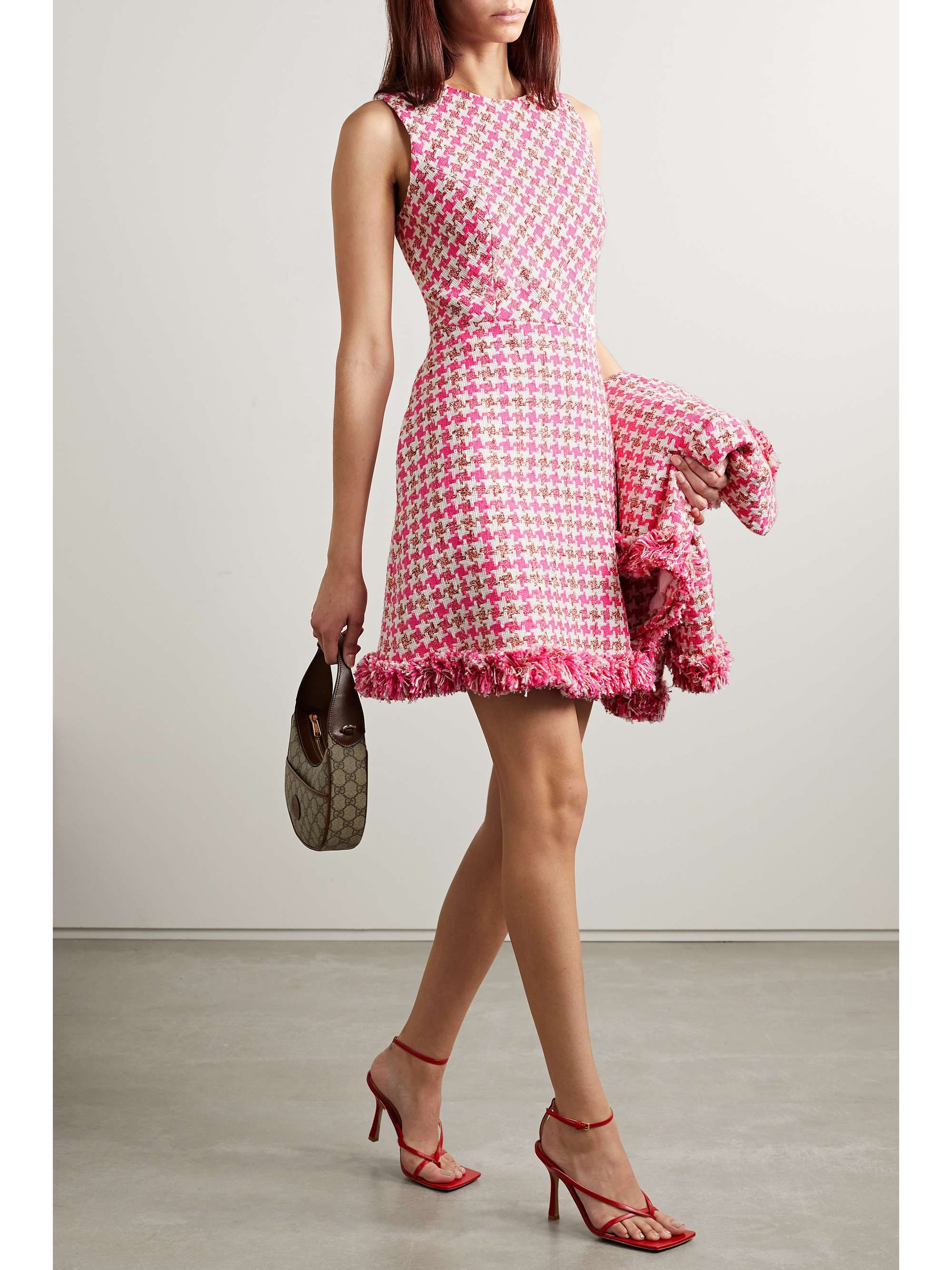 CAROLINA HERRERA Frayed houndstooth cotton-blend bouclé mini dress