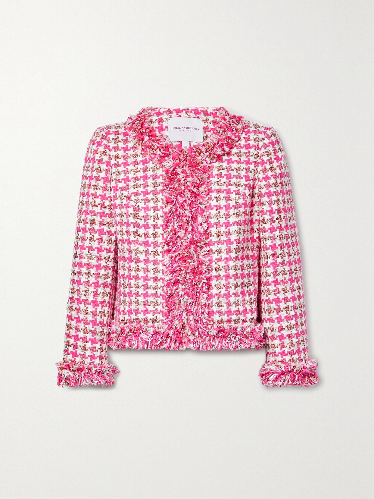 Carolina Herrera - Frayed Houndstooth Cotton-blend Bouclé Jacket - Pink