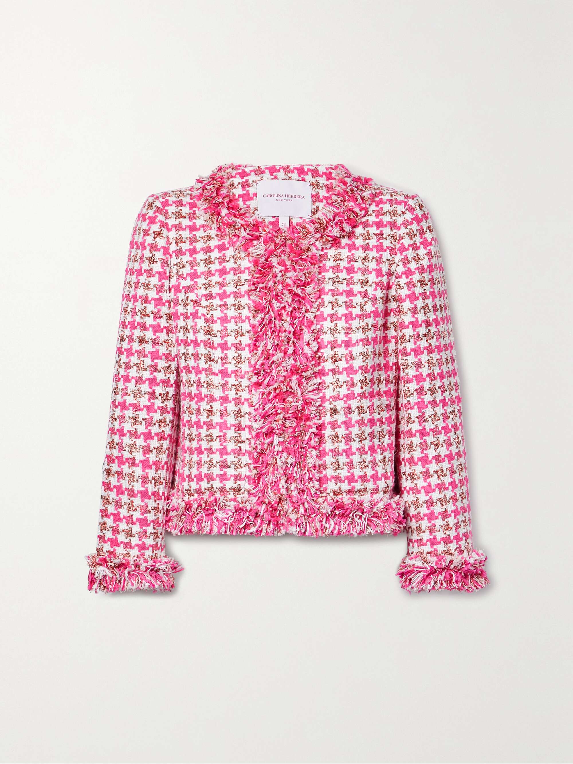 CAROLINA HERRERA Frayed houndstooth cotton-blend bouclé jacket | NET-A ...