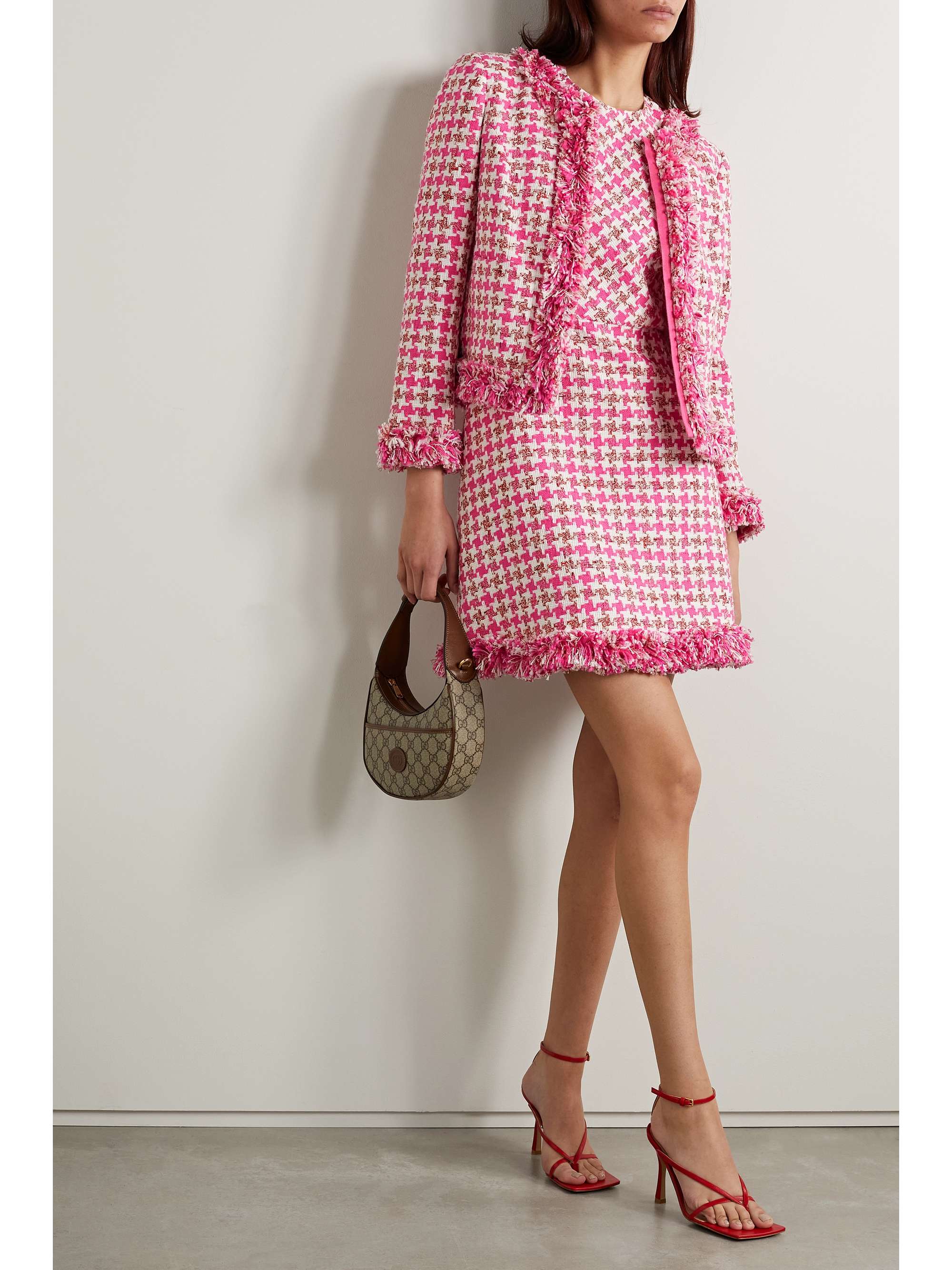 CAROLINA HERRERA Frayed houndstooth cotton-blend bouclé jacket