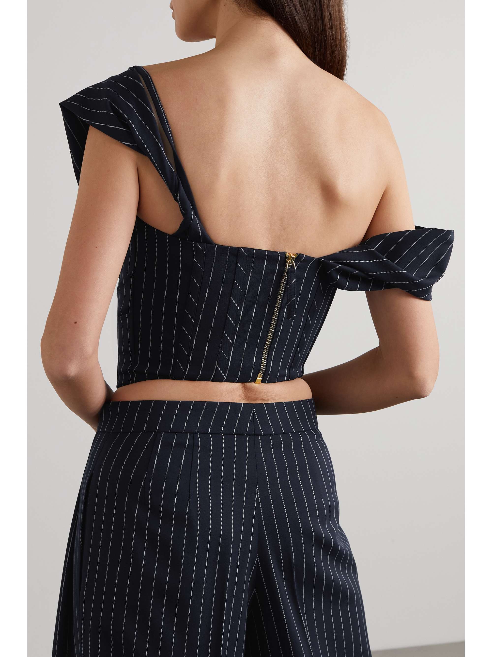 CAROLINA HERRERA Pinstriped one-shoulder cropped wool-blend twill top