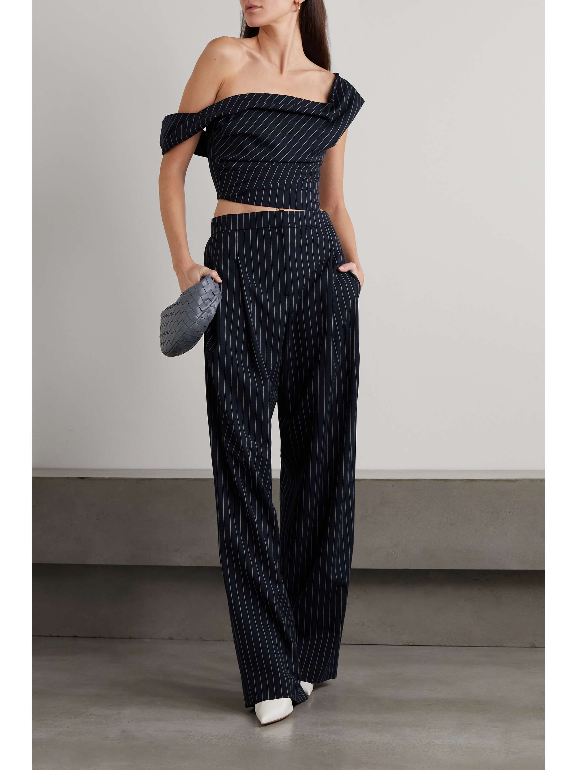 CAROLINA HERRERA Pinstriped one-shoulder cropped wool-blend twill top
